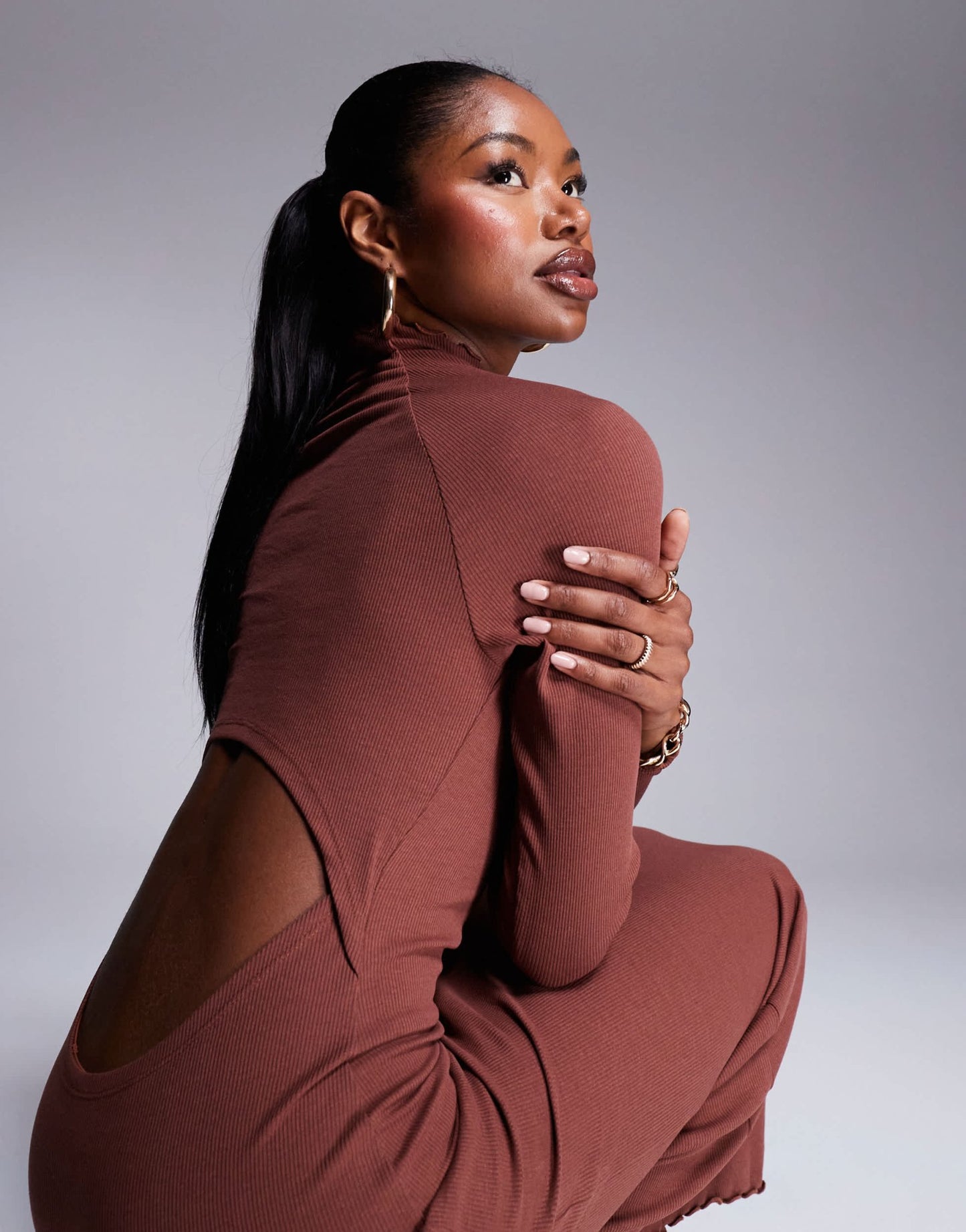 ASOS DESIGN ribbed long sleeve high neck batwing maxi dress in brown - ASOS Sample Sale