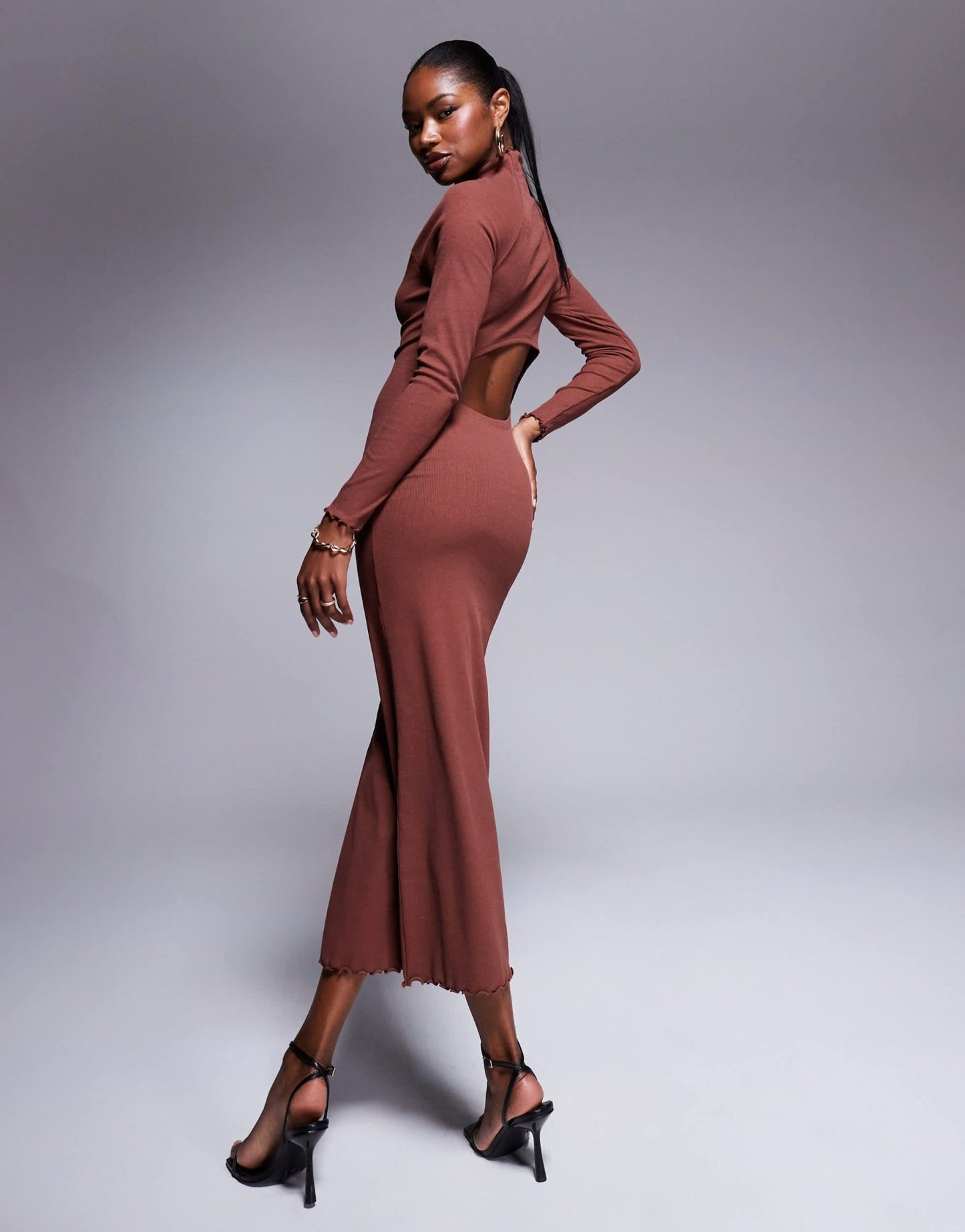 ASOS DESIGN ribbed long sleeve high neck batwing maxi dress in brown - ASOS Sample Sale