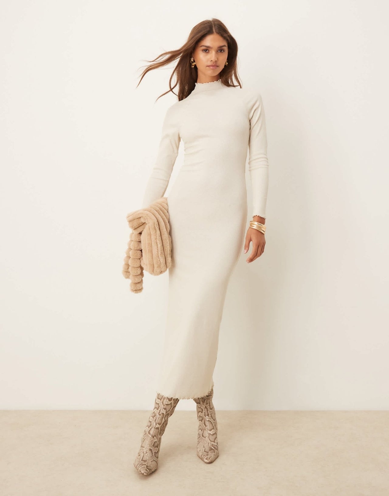 ASOS DESIGN ribbed long sleeve high neck batwing maxi dress in oatmeal - ASOS Sample Sale