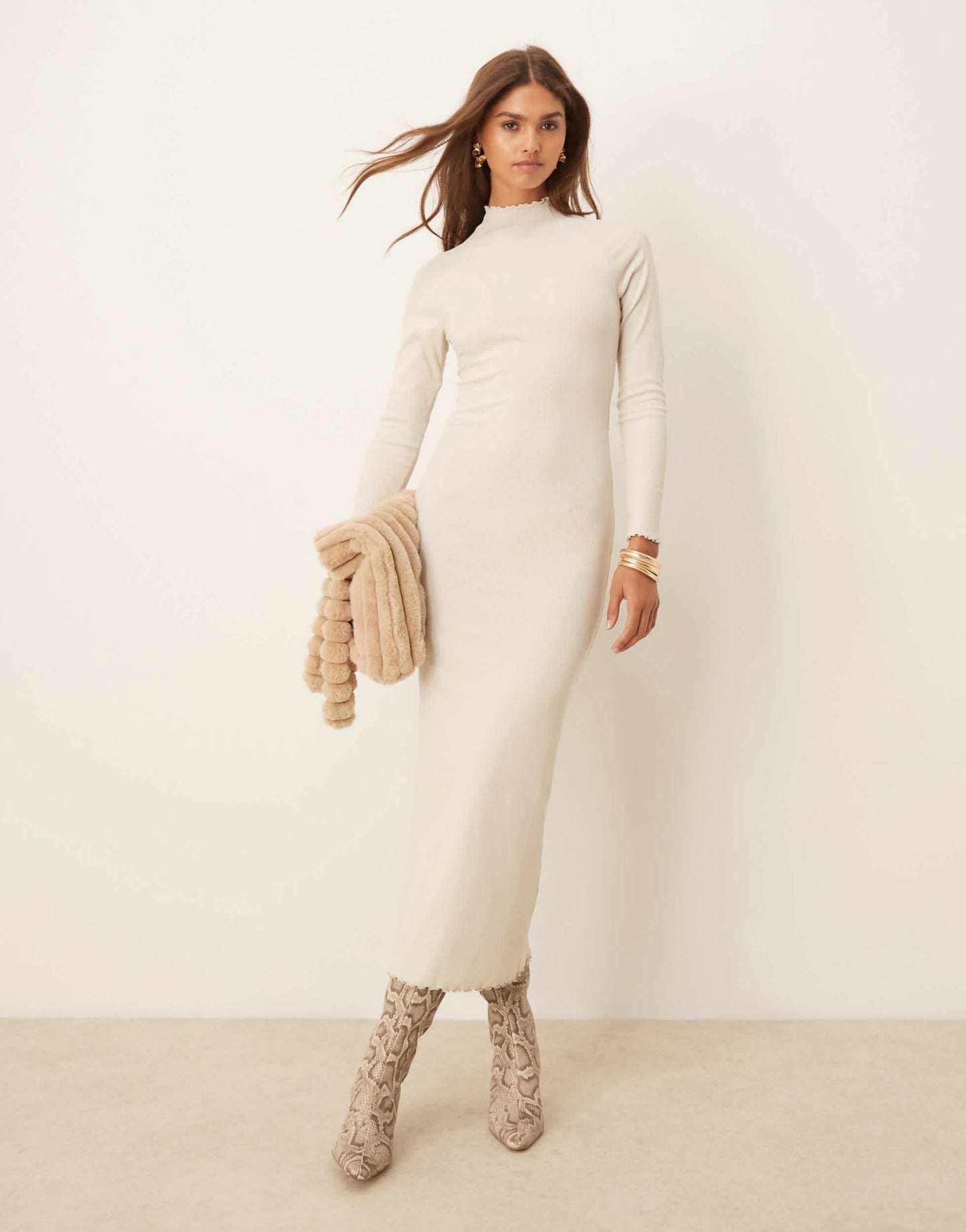 ASOS DESIGN ribbed long sleeve high neck batwing maxi dress in oatmeal - ASOS Sample Sale