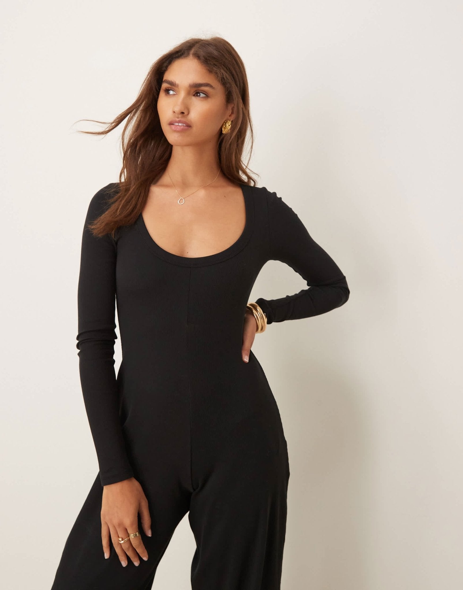 ASOS DESIGN ribbed long sleeve scoop neck jumpsuit in black - ASOS Sample Sale