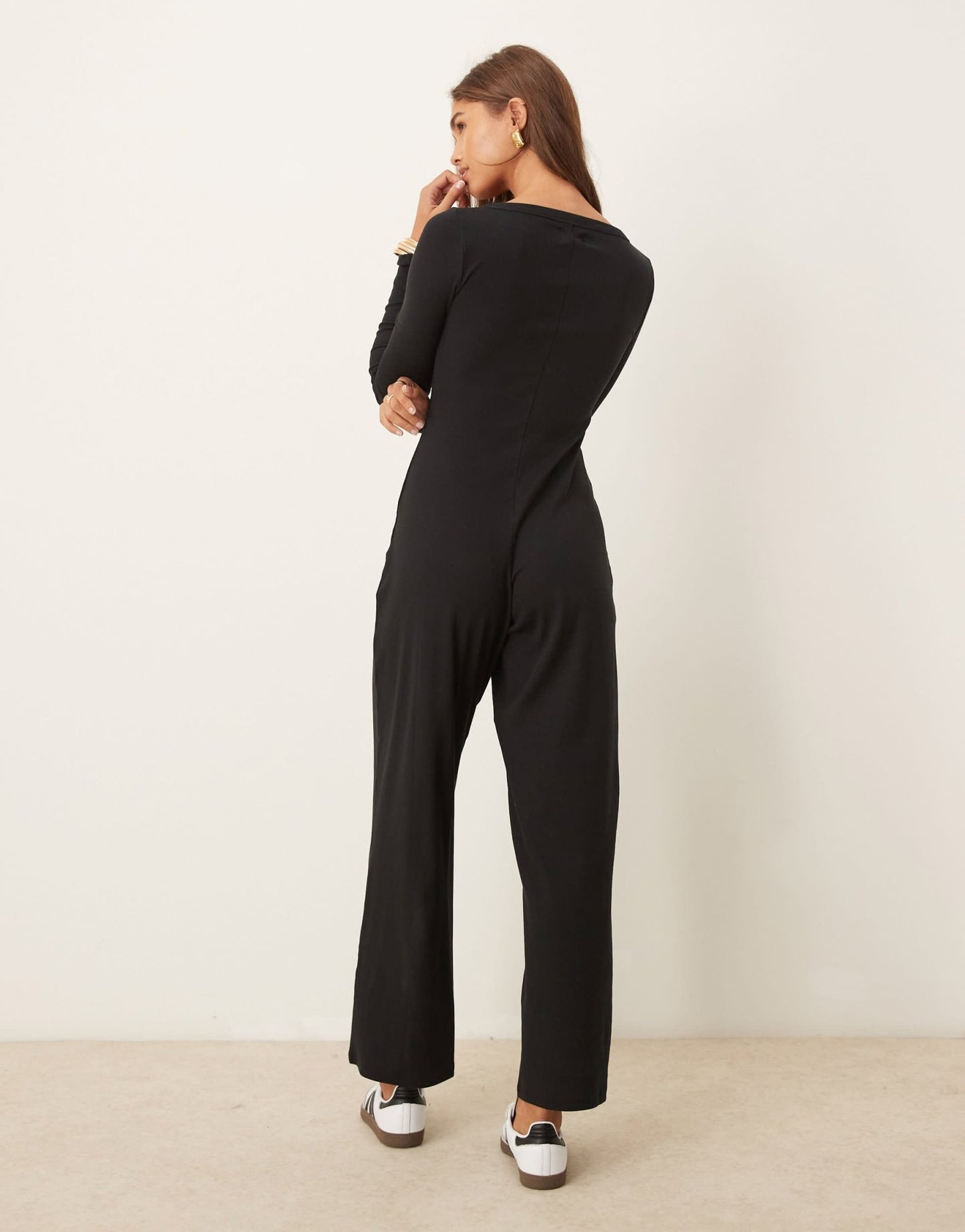 ASOS DESIGN ribbed long sleeve scoop neck jumpsuit in black - ASOS Sample Sale