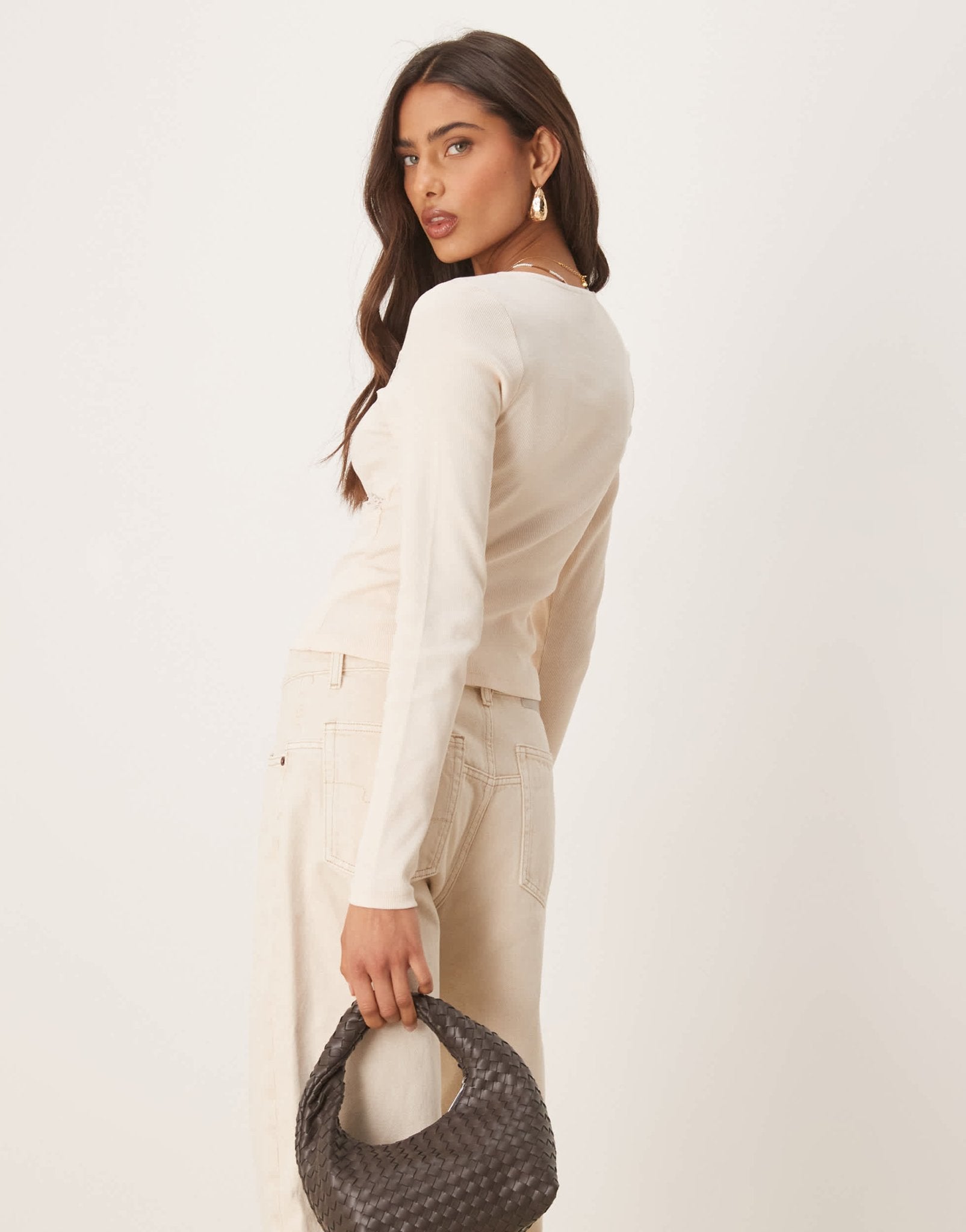 ASOS DESIGN ribbed long sleeve top with lace and button detail in cream - ASOS Sample Sale