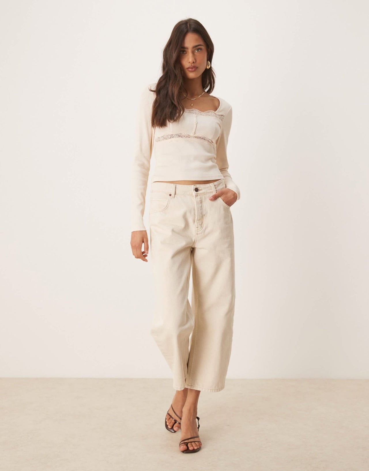 ASOS DESIGN ribbed long sleeve top with lace and button detail in cream - ASOS Sample Sale
