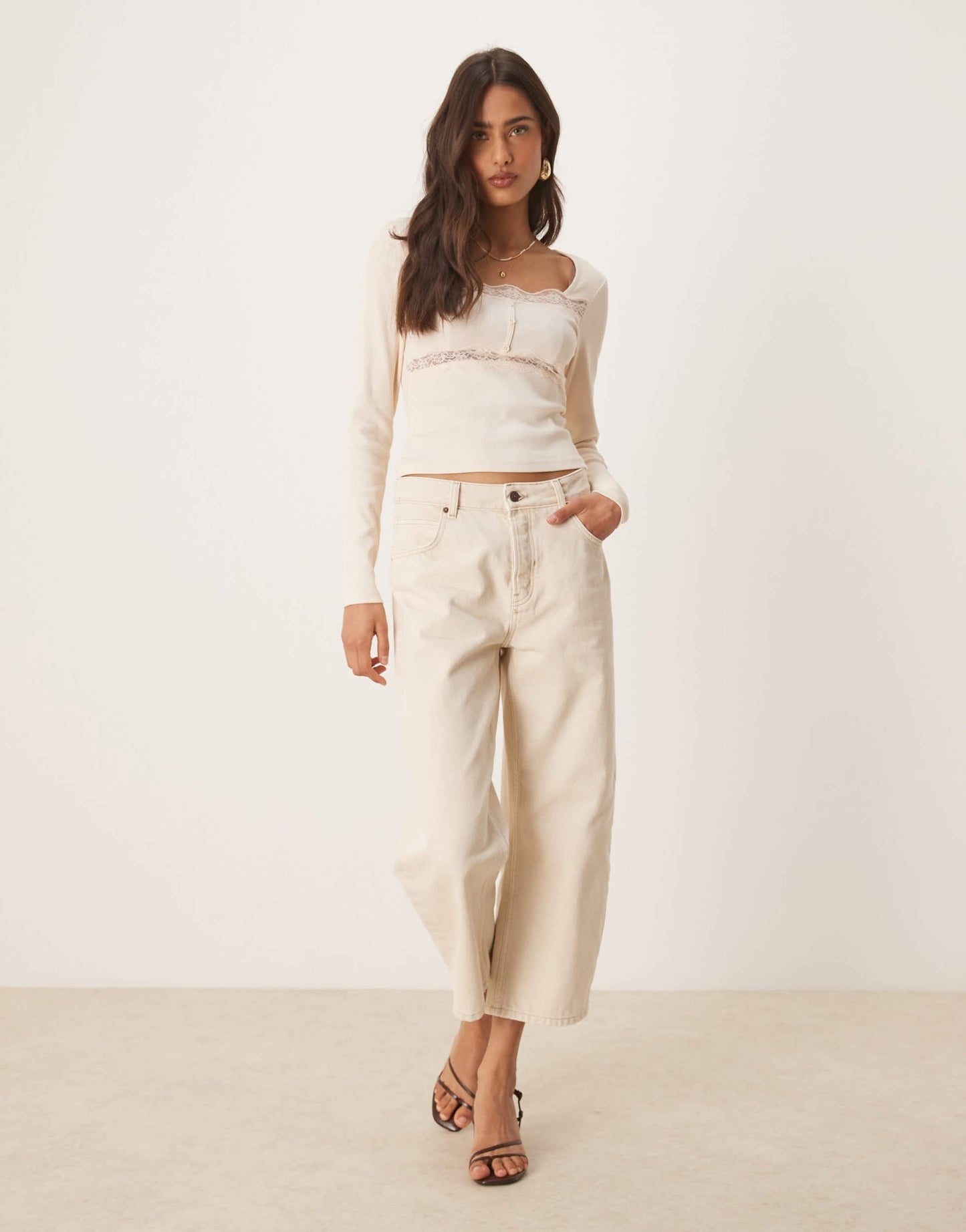 ASOS DESIGN ribbed long sleeve top with lace and button detail in cream - ASOS Sample Sale