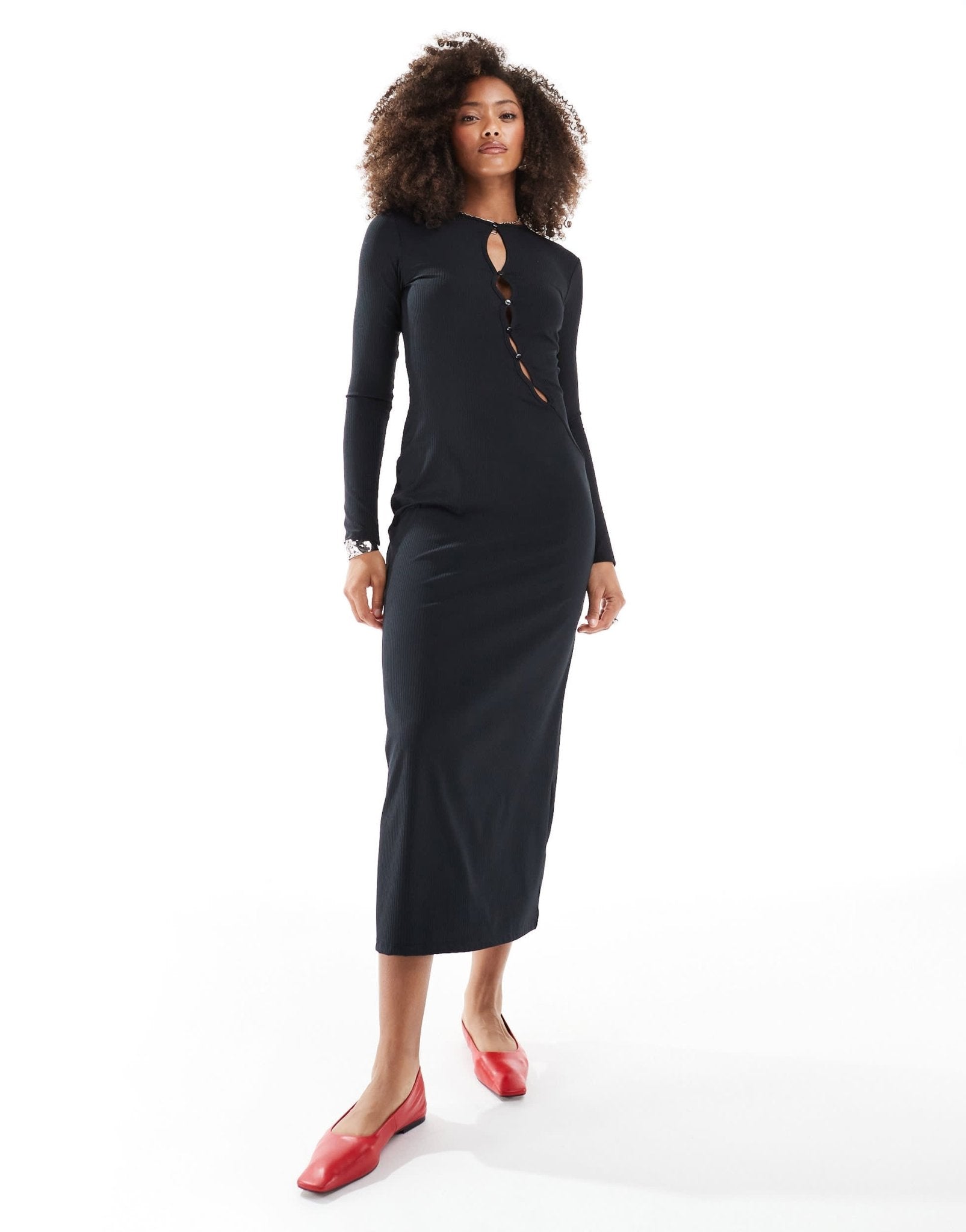 ASOS DESIGN ribbed midi dress with cutout button detail in black - ASOS Sample Sale