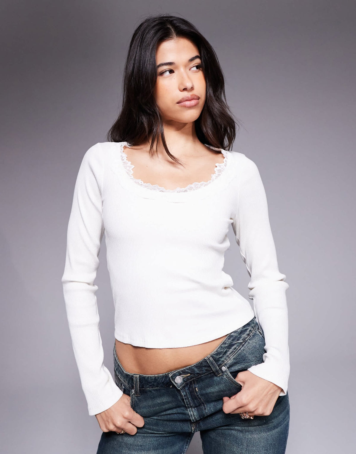 ASOS DESIGN ribbed round neck long sleeve top with lace trim in cream - CREAM - ASOS Sample Sale
