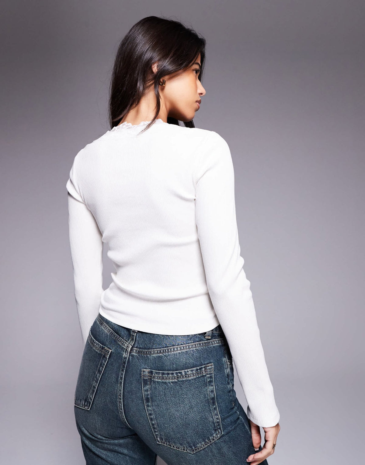 ASOS DESIGN ribbed round neck long sleeve top with lace trim in cream - CREAM - ASOS Sample Sale