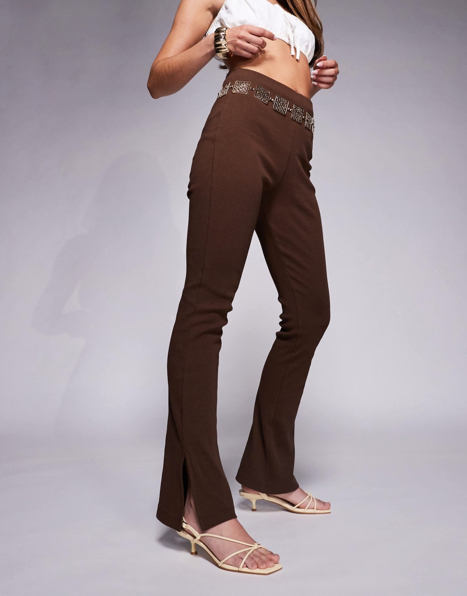 ASOS DESIGN ribbed split hem flare trouser in chocolate - ASOS Sample Sale