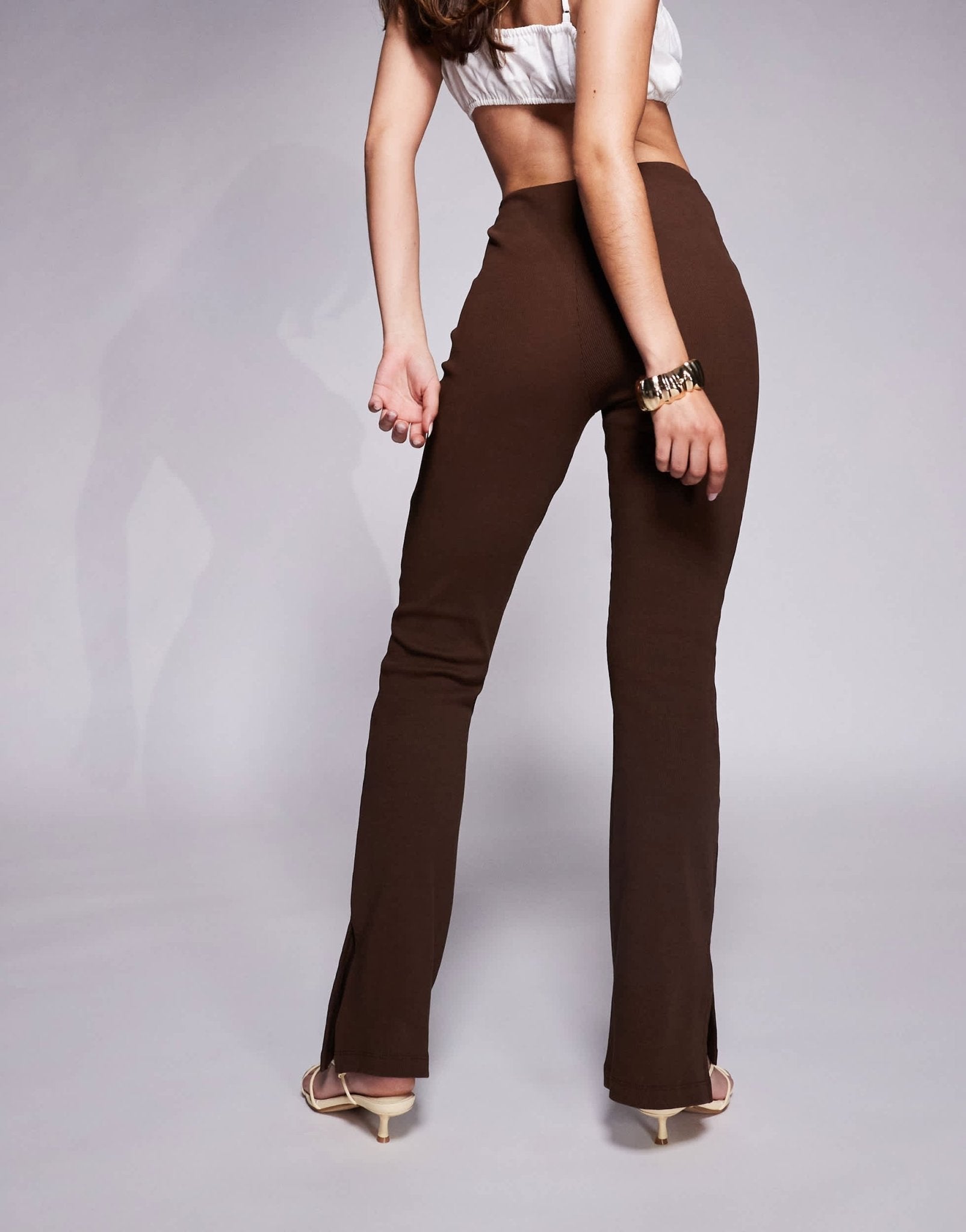 ASOS DESIGN ribbed split hem flare trouser in chocolate - ASOS Sample Sale