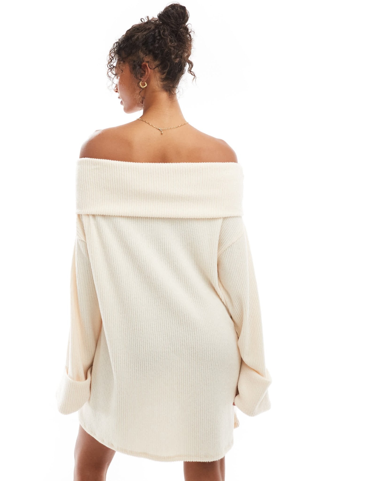 ASOS DESIGN ribbed turn down bardot mini dress in oat - ASOS Sample Sale