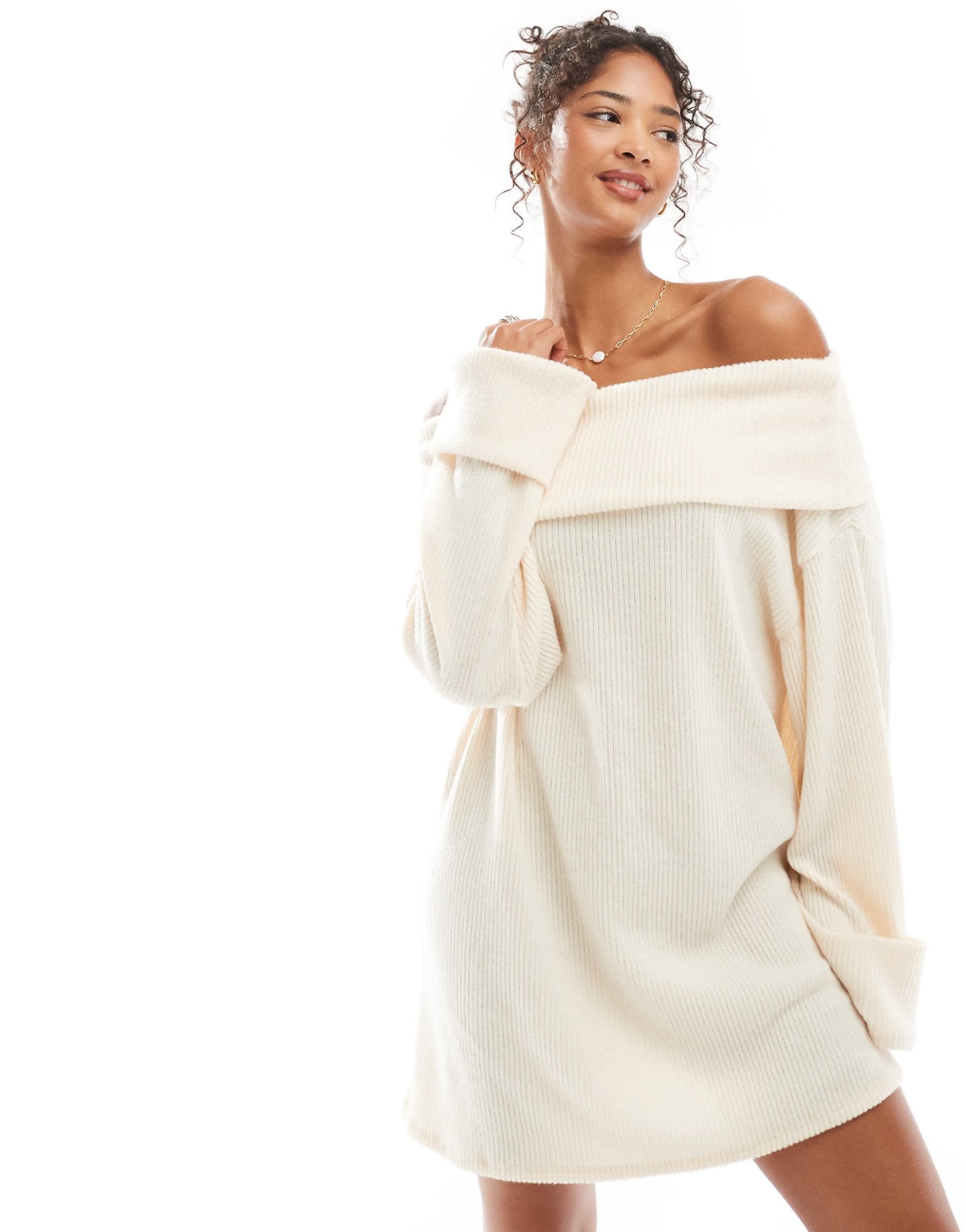 ASOS DESIGN ribbed turn down bardot mini dress in oat - ASOS Sample Sale