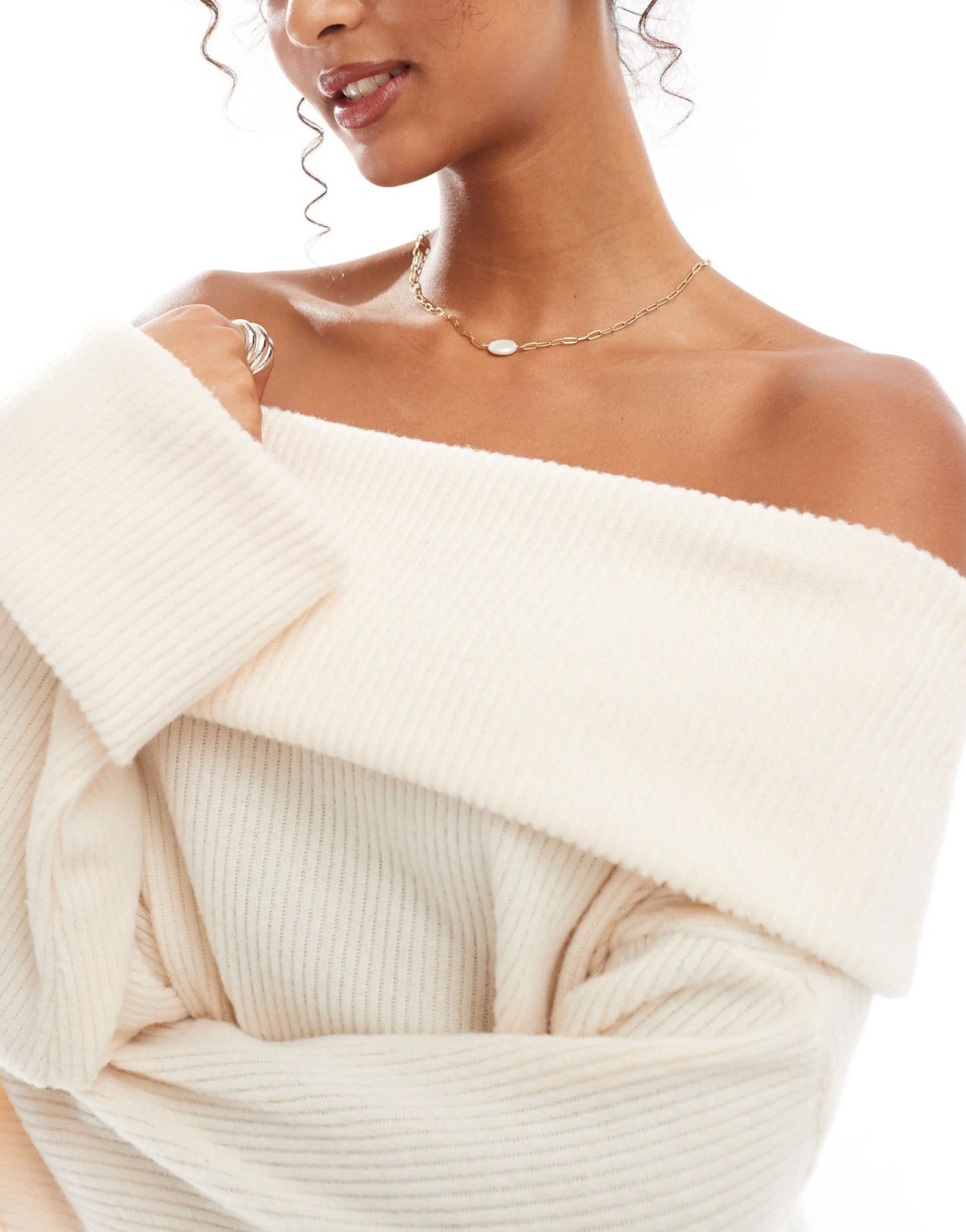 ASOS DESIGN ribbed turn down bardot mini dress in oat - ASOS Sample Sale