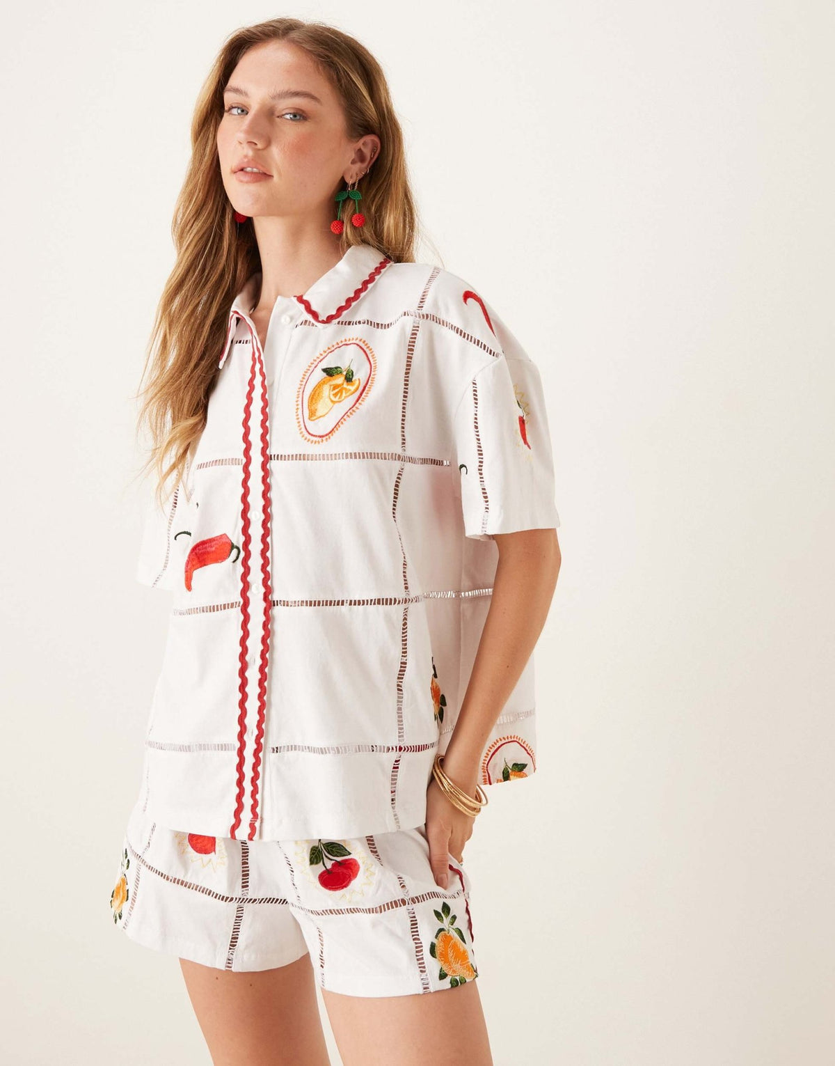 ASOS DESIGN ricrac shirt co-ord with summer embroidery - ASOS Sample Sale