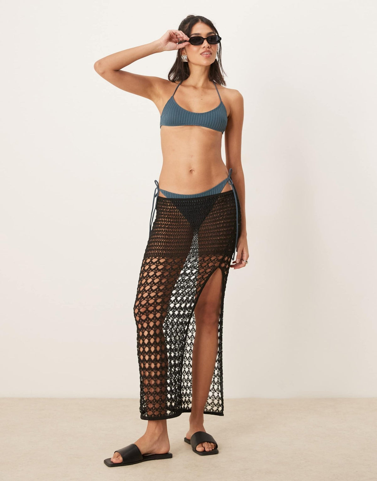ASOS DESIGN Riddy rib scoop halter bikini top in slate blue - ASOS Sample Sale
