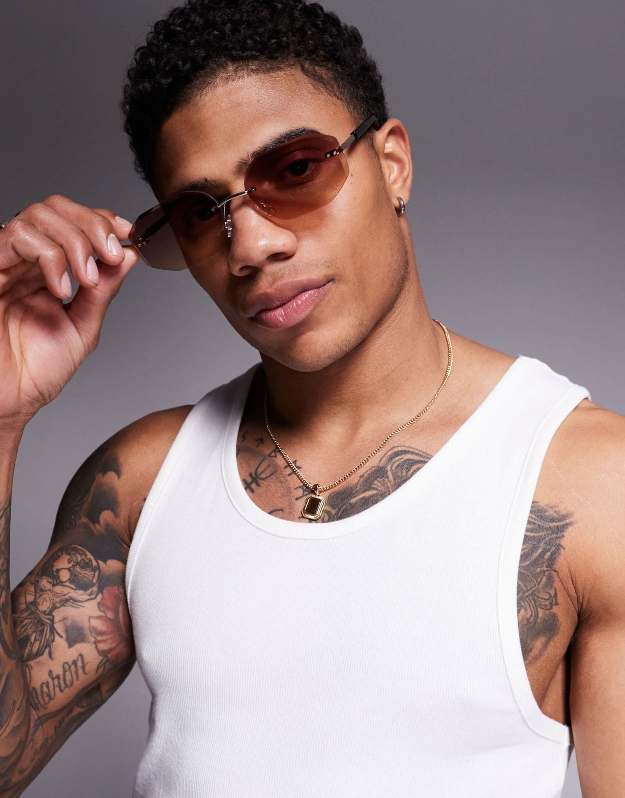ASOS DESIGN rimless sunglasses with purple lens and metal gold frame - ASOS Sample Sale