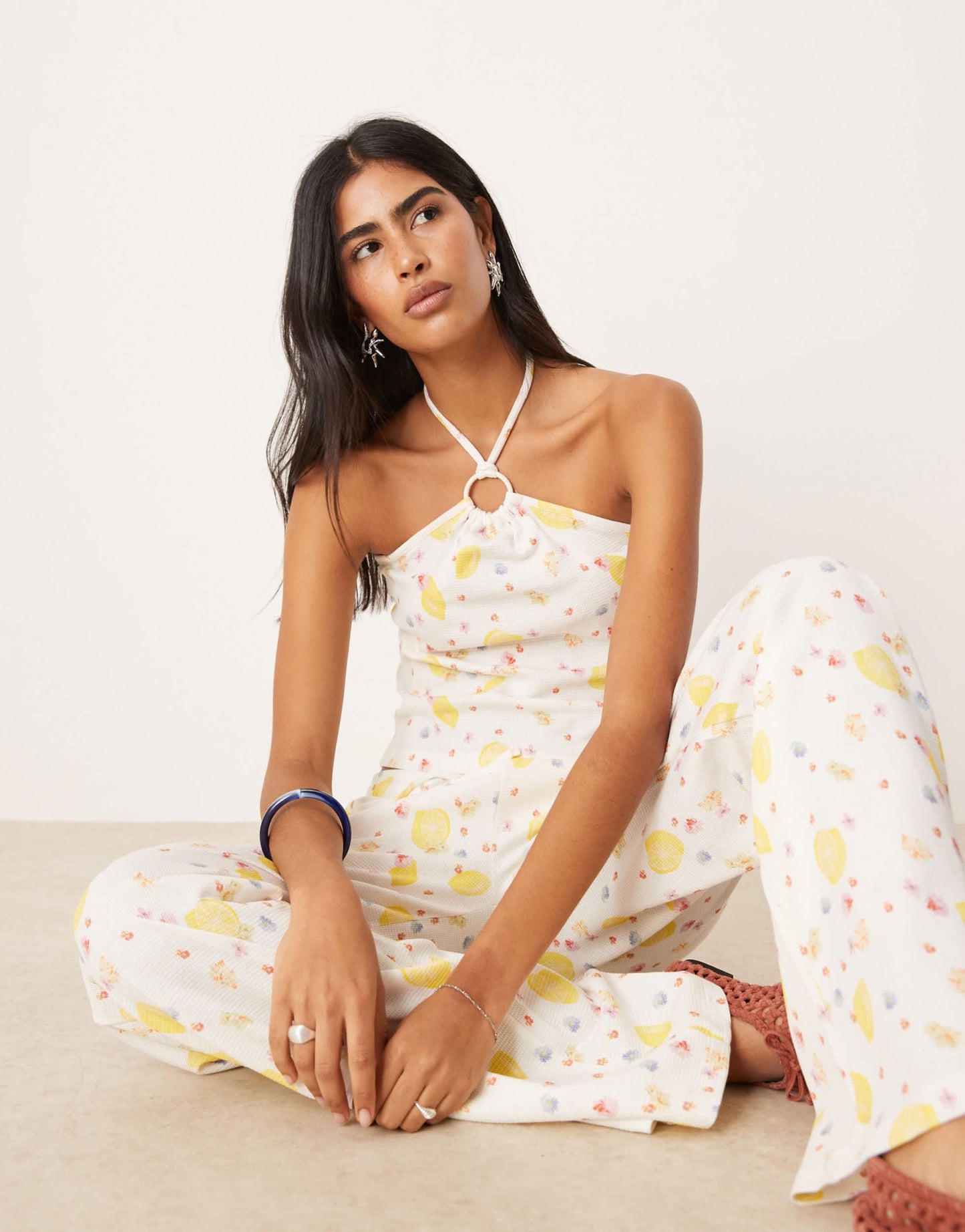 ASOS DESIGN ring detail halter waffle top co-ord in lemon ditsy print - ASOS Sample Sale