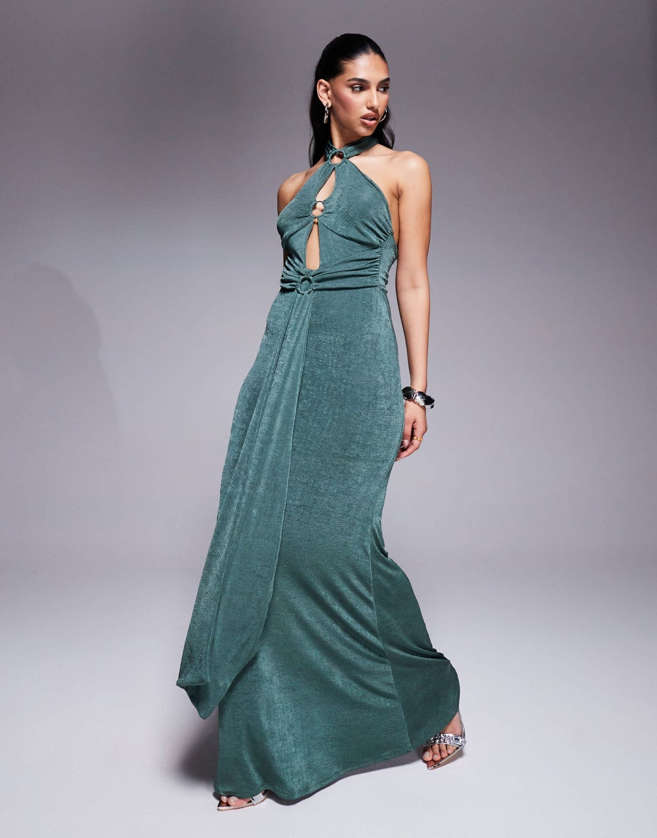ASOS DESIGN ring detail maxi dress with tie back and sash in khaki - ASOS Sample Sale