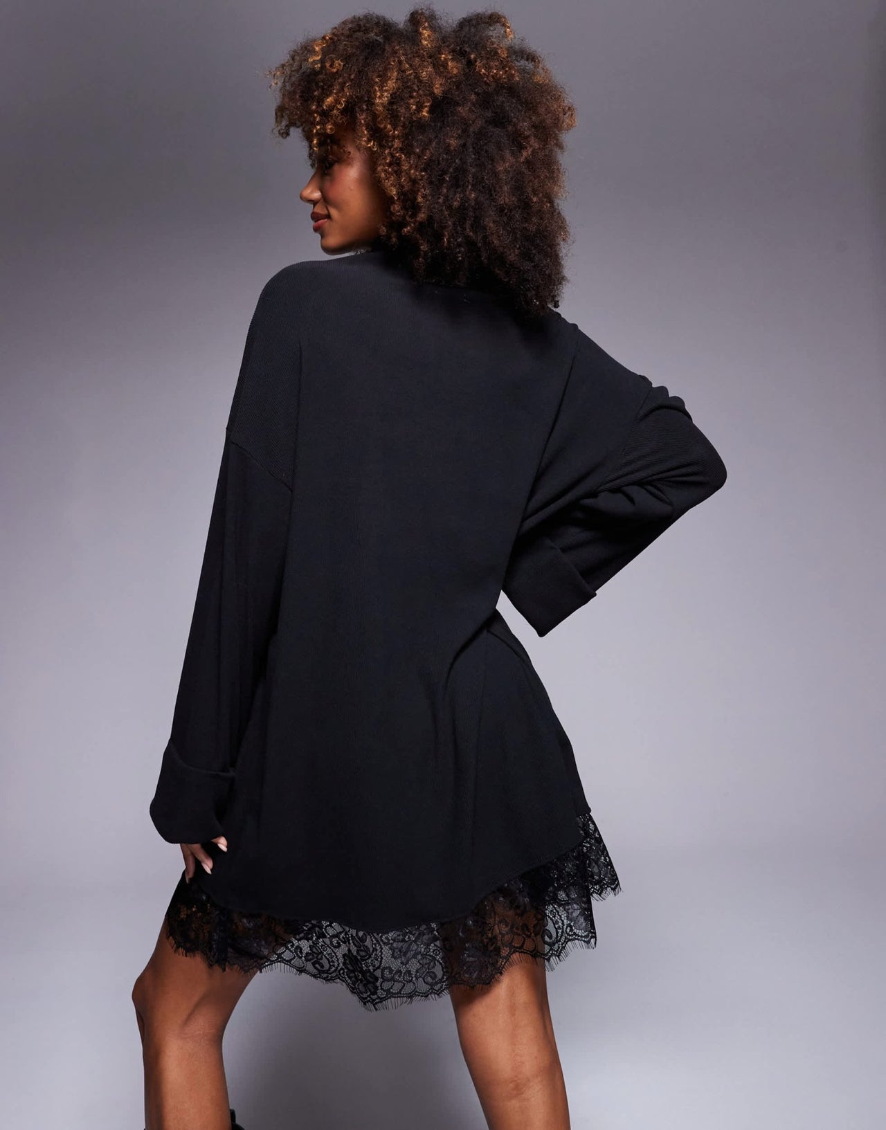 ASOS DESIGN roll neck boxy mini dress with lace hem in black - ASOS Sample Sale