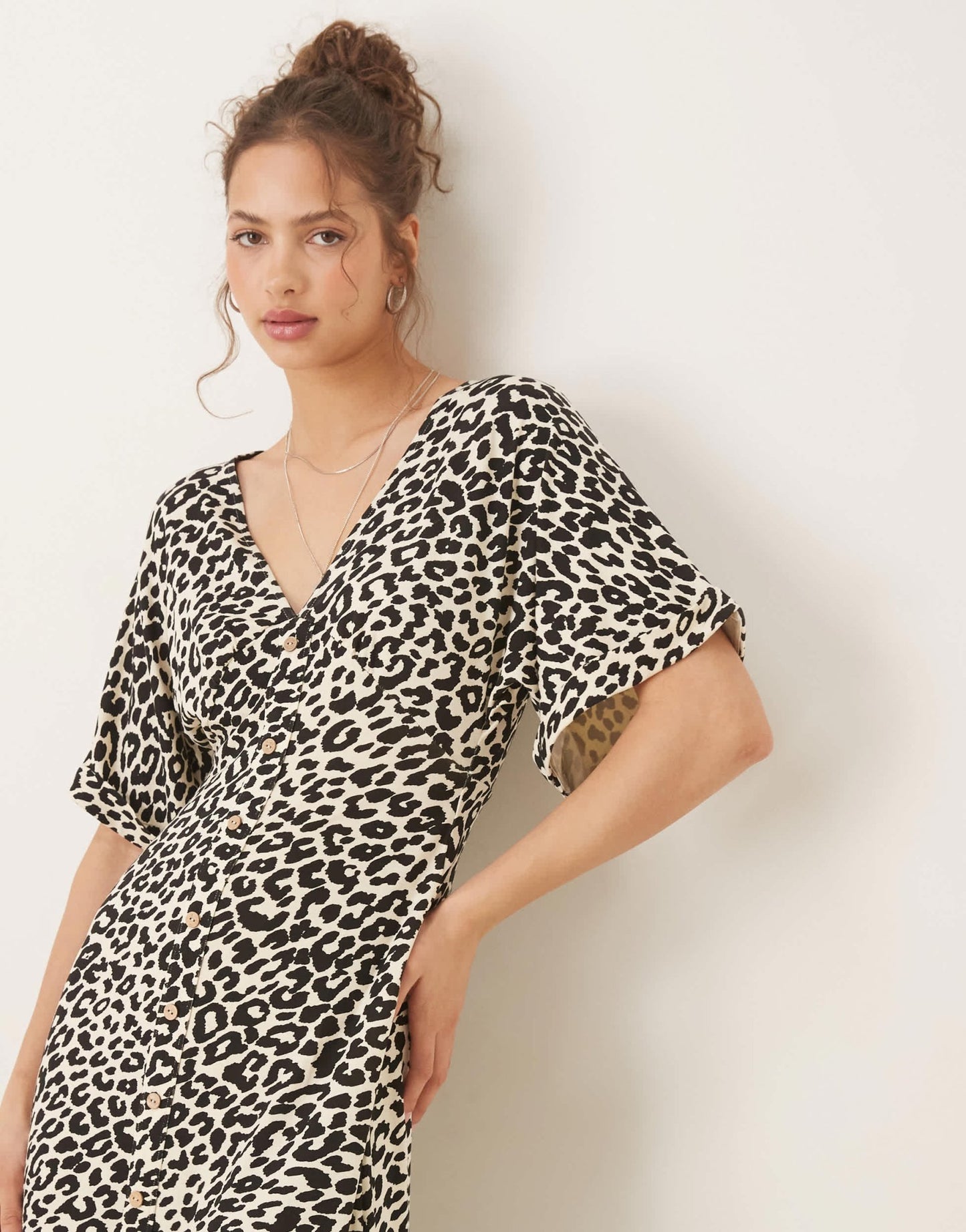 ASOS DESIGN roll sleeve button front midi tea dress in animal print - ASOS Sample Sale