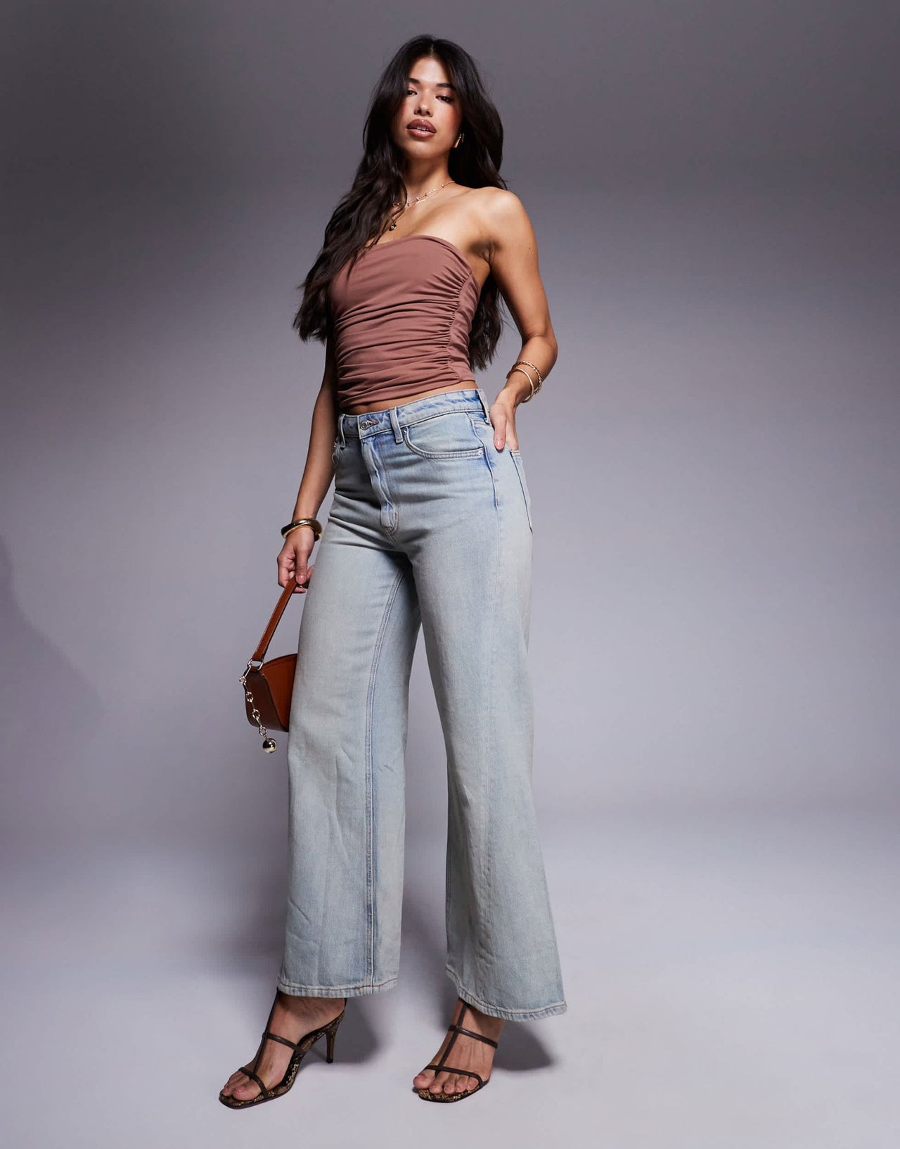 ASOS DESIGN ruched bandeau with pointed hem in chocolate - ASOS Sample Sale