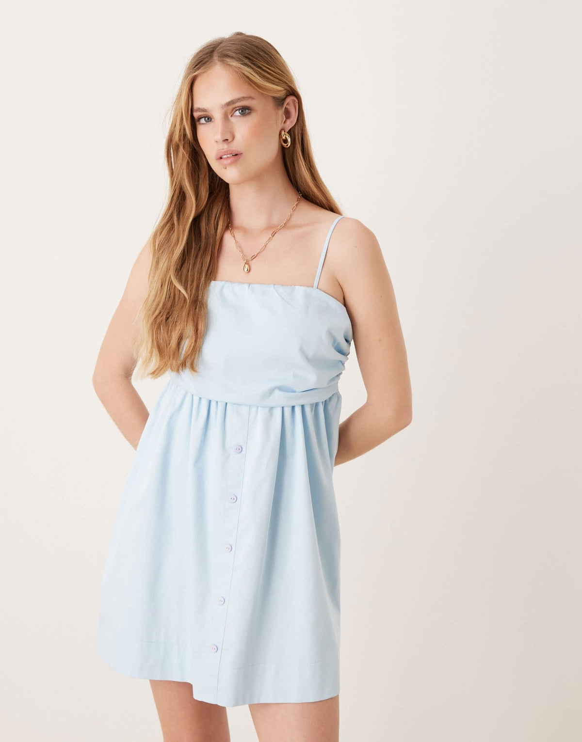 ASOS DESIGN ruched bust button down bandeau mini dress in baby blue - ASOS Sample Sale