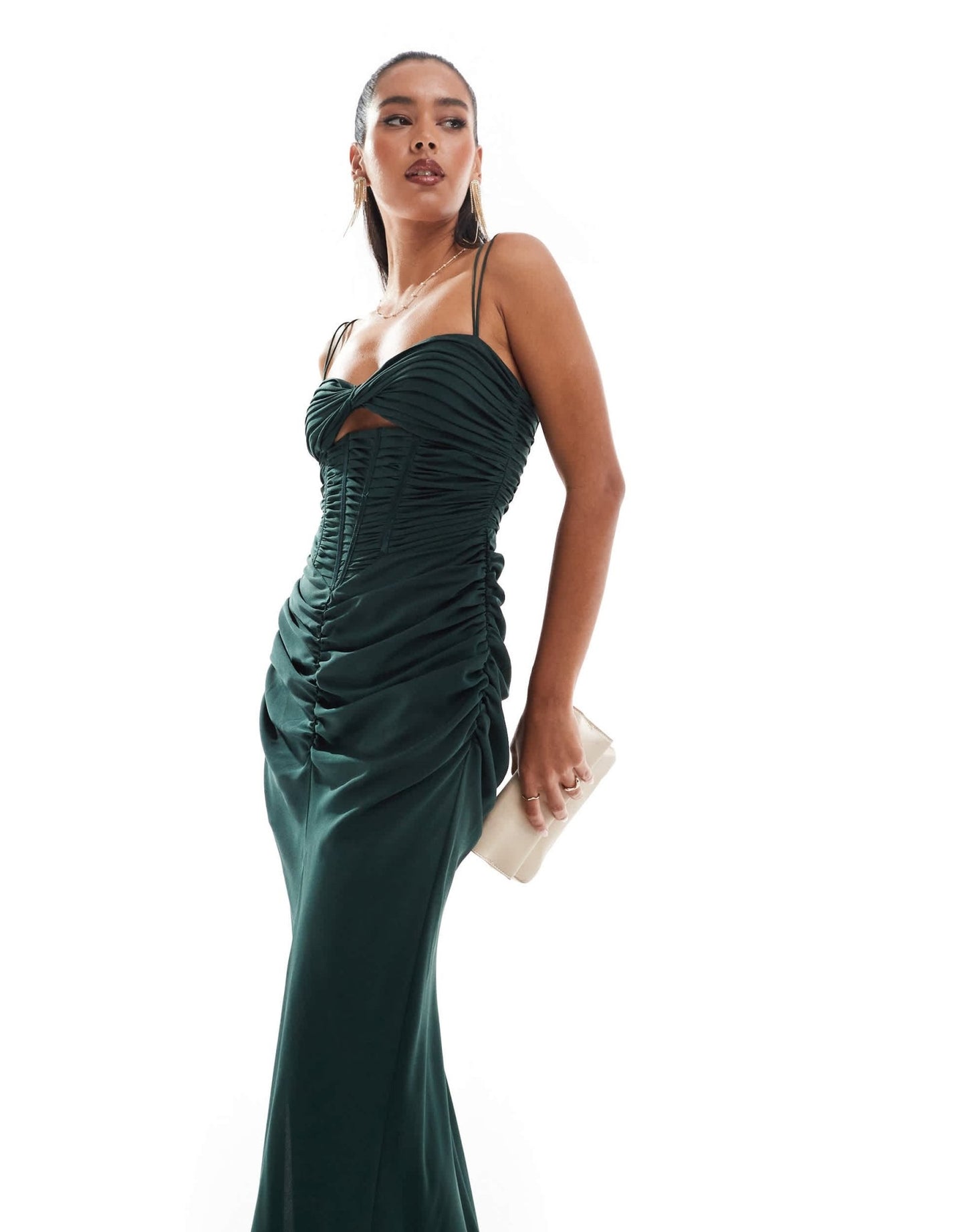 ASOS DESIGN ruched corset maxi dress with ruffle skirt and strap details in forest green - ASOS Sample Sale