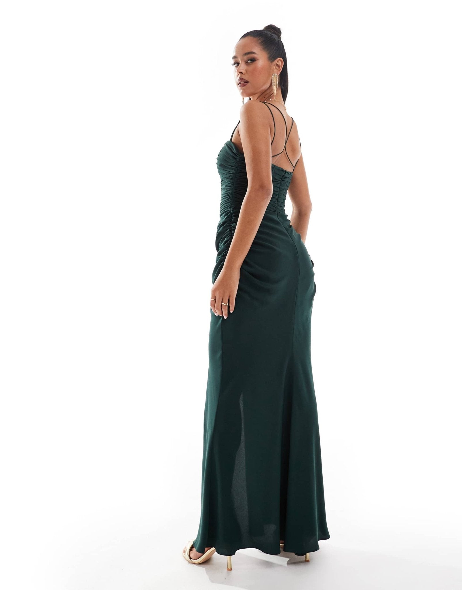 ASOS DESIGN ruched corset maxi dress with ruffle skirt and strap details in forest green - ASOS Sample Sale