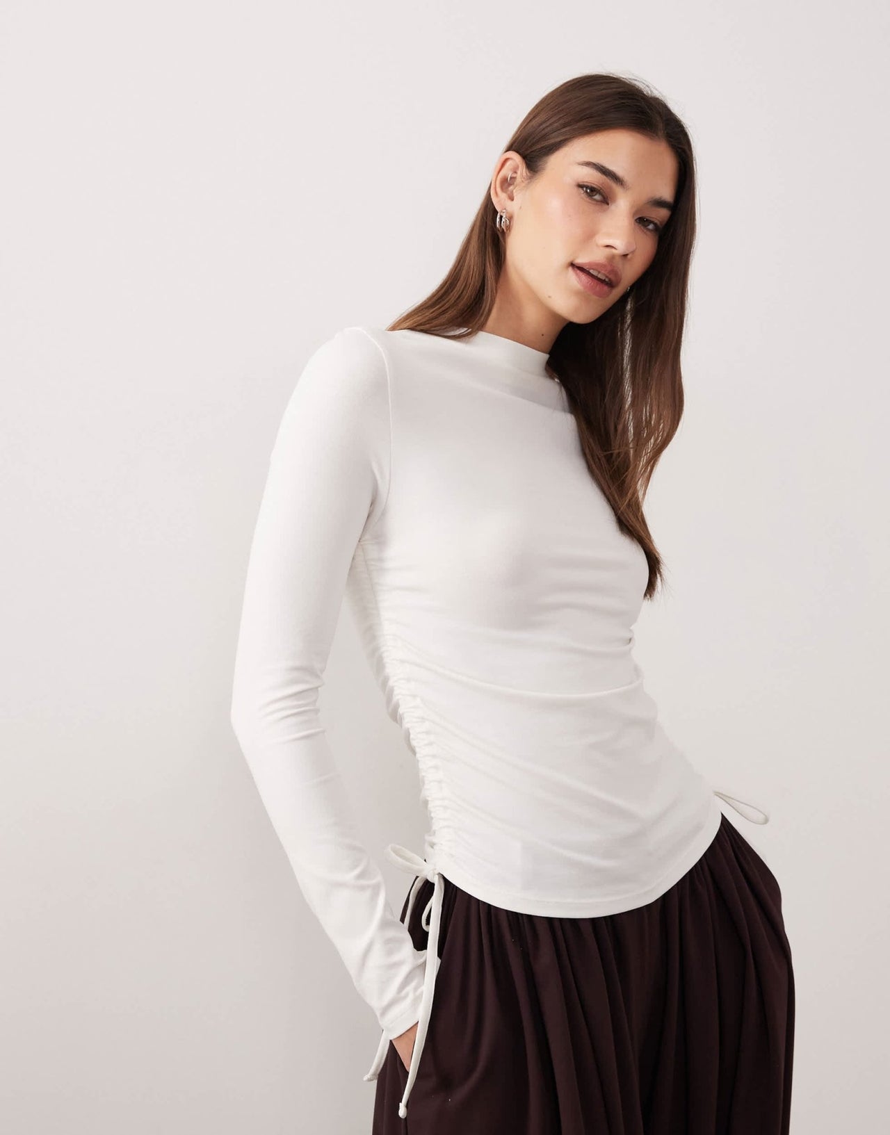 ASOS DESIGN ruched detail tie side high neck long sleeve top in cream - ASOS Sample Sale