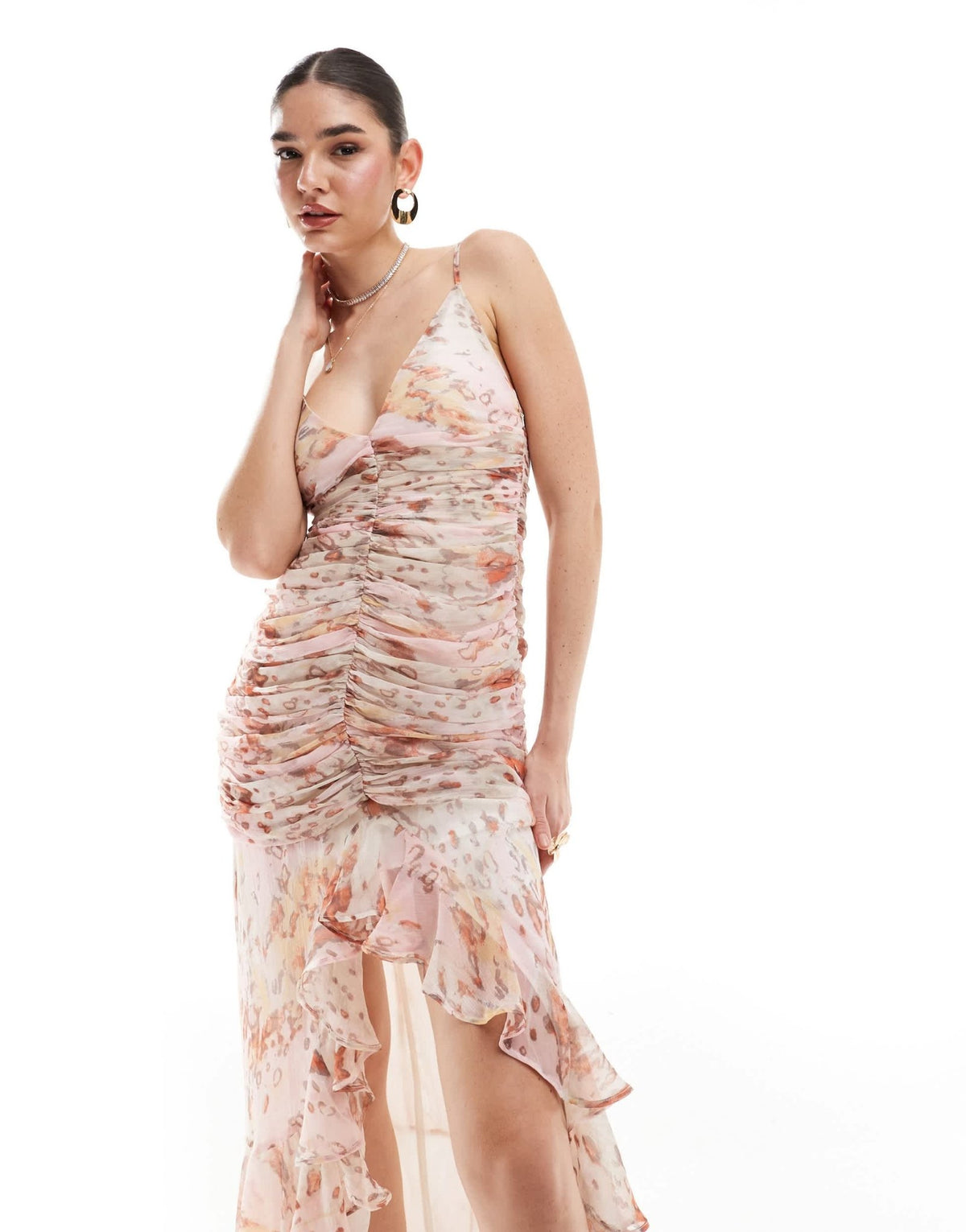 ASOS DESIGN ruched front high low frill maxi dress in animal floral print - ASOS Sample Sale