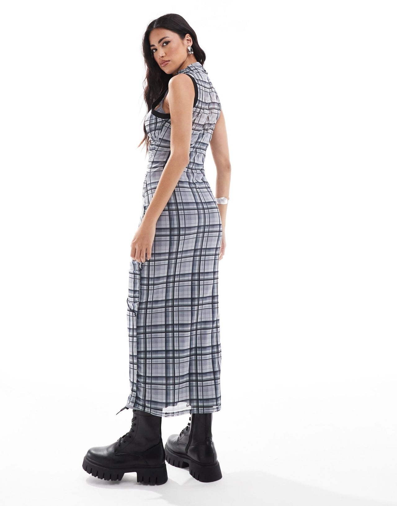 ASOS DESIGN ruched front seam detail mesh midi dress in grey check - ASOS Sample Sale