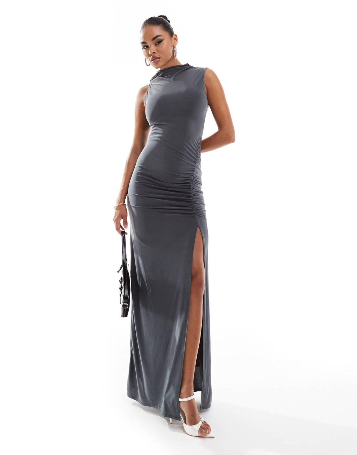 ASOS DESIGN ruched high neck maxi dress in charcoal - ASOS Sample Sale