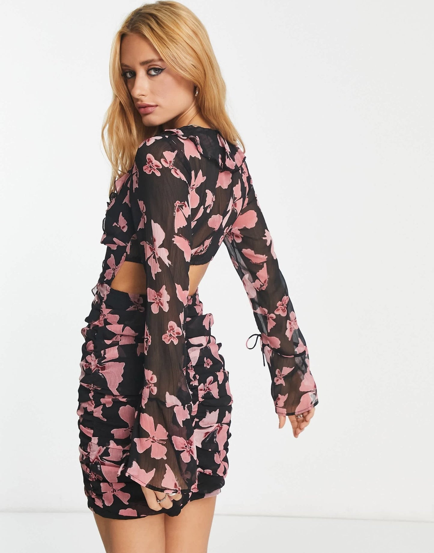ASOS DESIGN ruched mini dress with fluted sleeves in butterfly print - ASOS Sample Sale