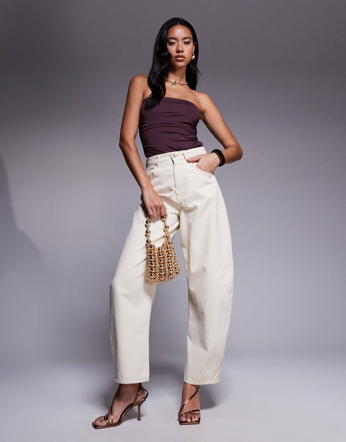 ASOS DESIGN ruched side bandeau bodysuit in slinky in brown - ASOS Sample Sale