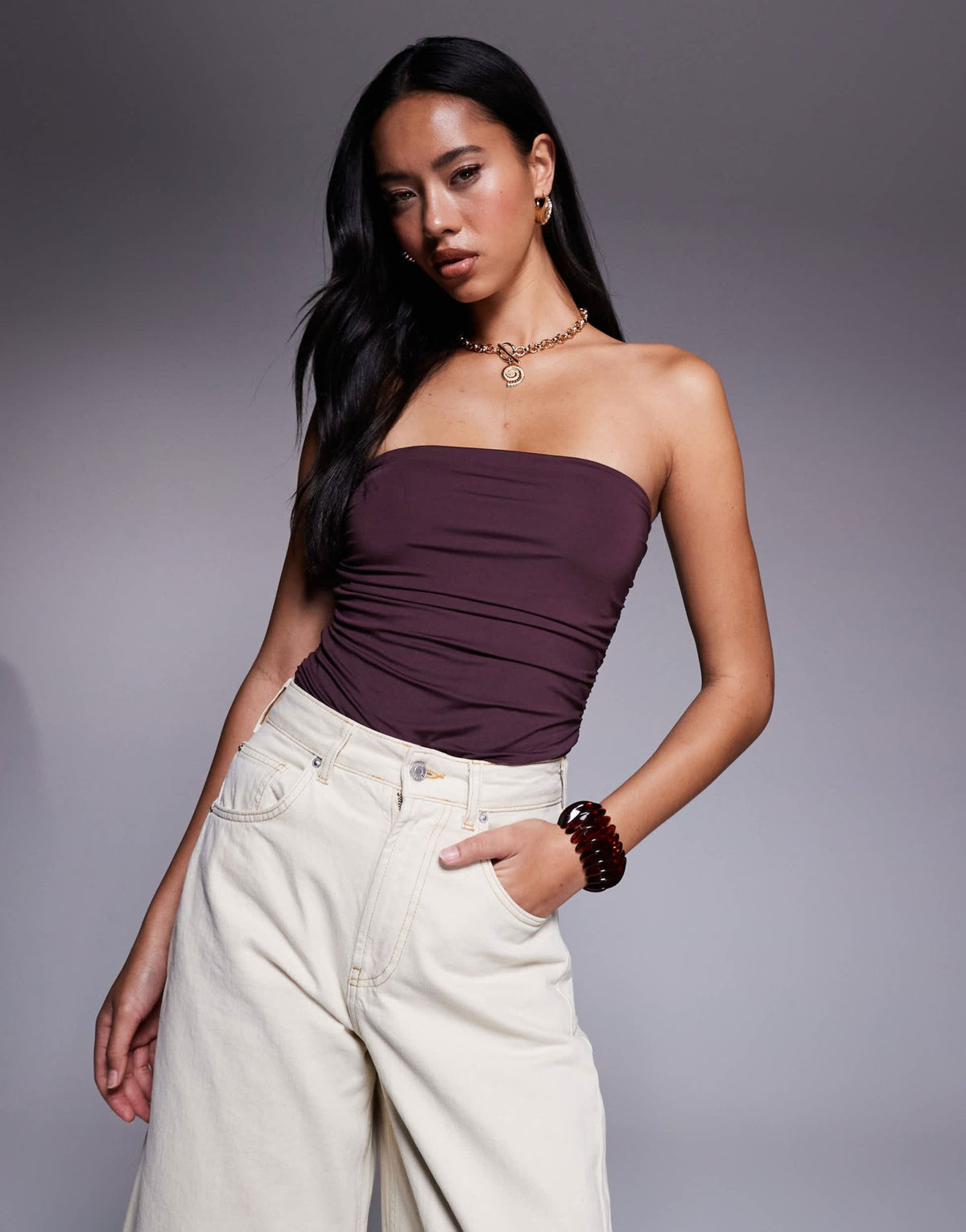 ASOS DESIGN ruched side bandeau bodysuit in slinky in brown - ASOS Sample Sale