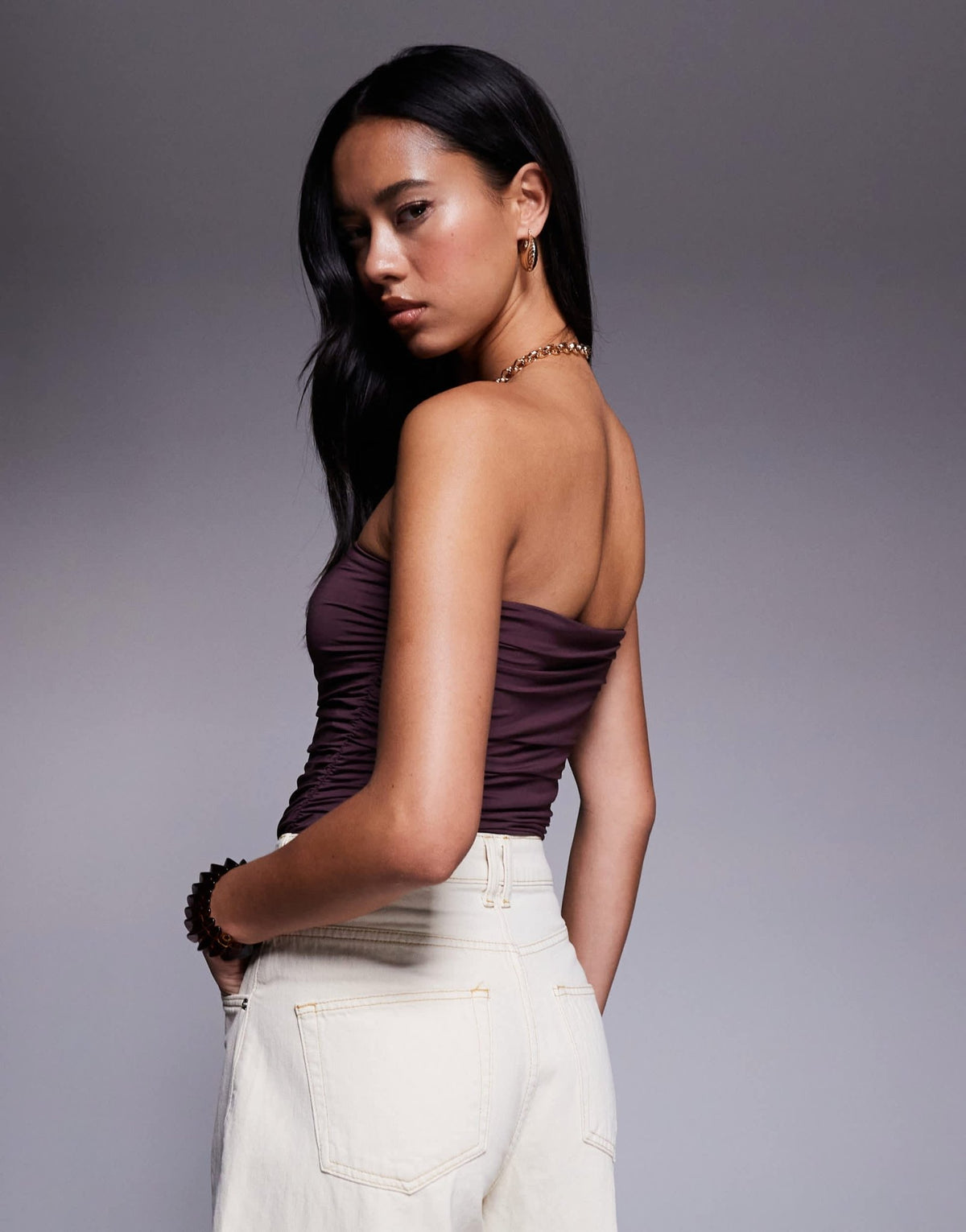 ASOS DESIGN ruched side bandeau bodysuit in slinky in brown - ASOS Sample Sale