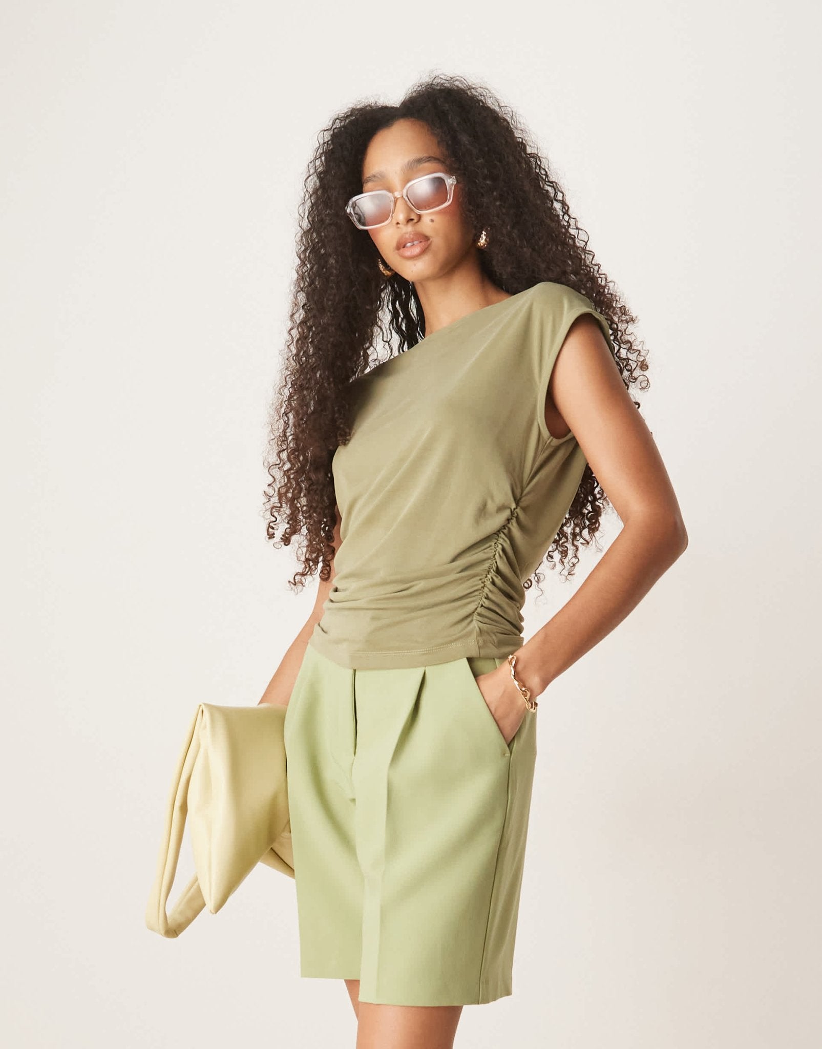 ASOS DESIGN ruched side top with slash neck in sage - ASOS Sample Sale