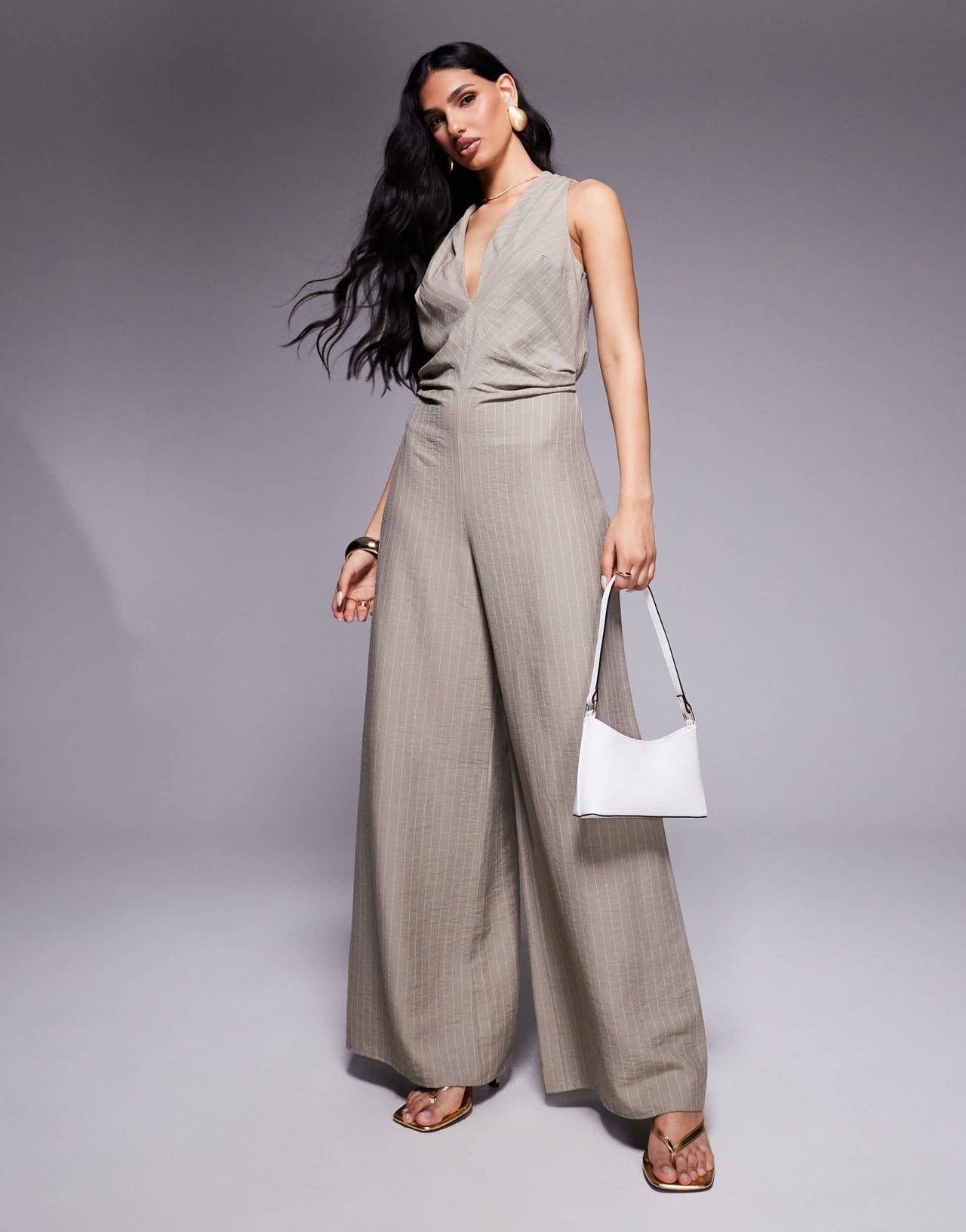 ASOS DESIGN ruched waist detail v neck jumpsuit in stripe - ASOS Sample Sale