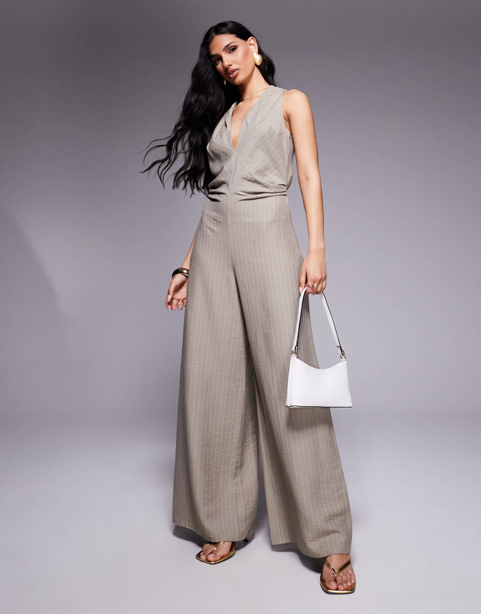 ASOS DESIGN ruched waist detail v neck jumpsuit in stripe - ASOS Sample Sale