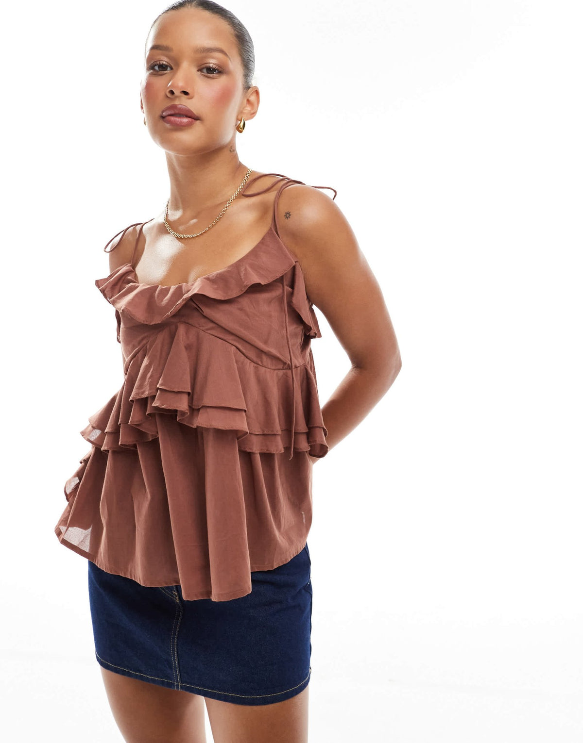 ASOS DESIGN ruffle cami top with tie straps in brown - ASOS Sample Sale