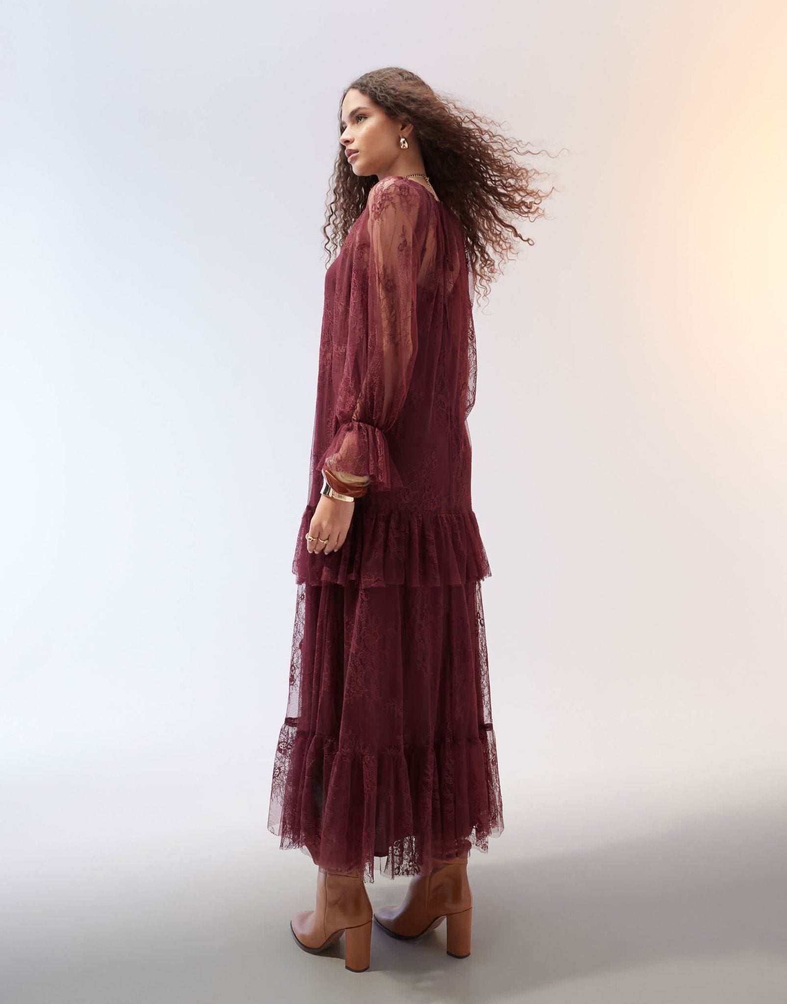 ASOS DESIGN ruffle detail lace maxi dress in burgundy - ASOS Sample Sale
