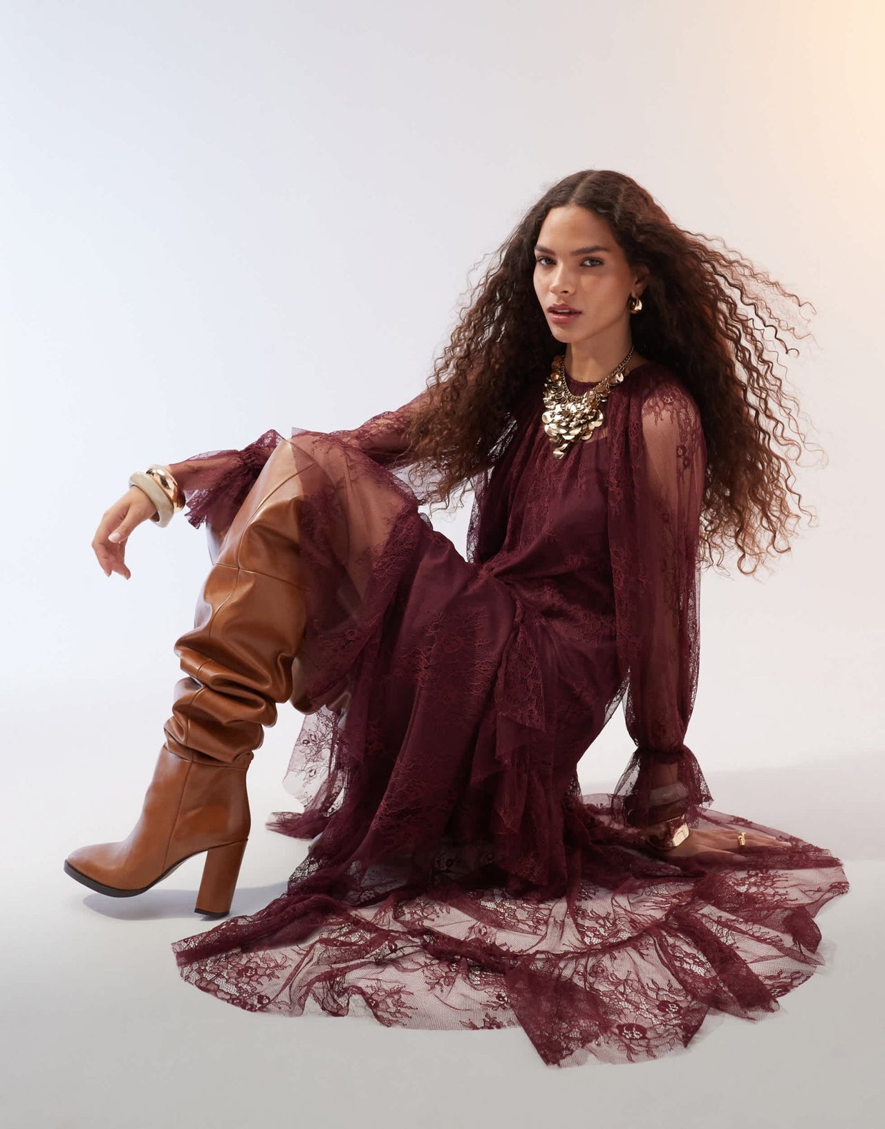 ASOS DESIGN ruffle detail lace maxi dress in burgundy - ASOS Sample Sale