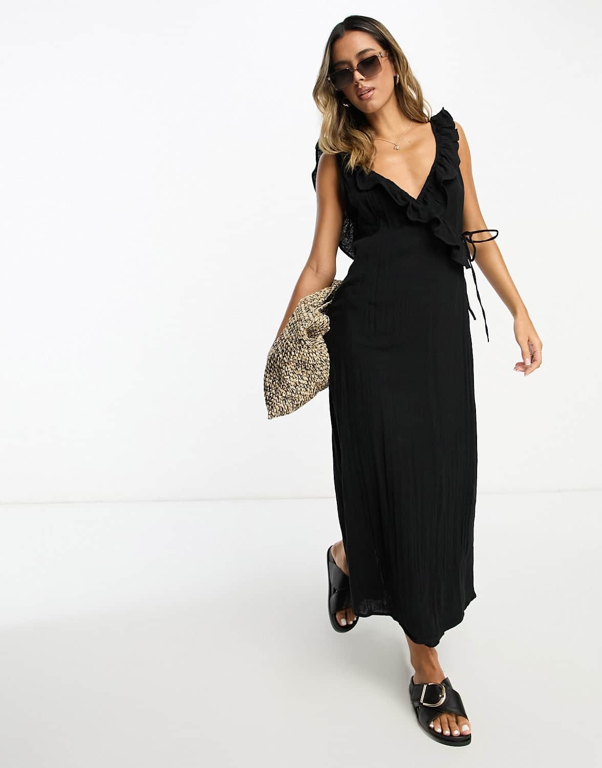 ASOS DESIGN ruffle detail midi wrap sundress in black - ASOS Sample Sale