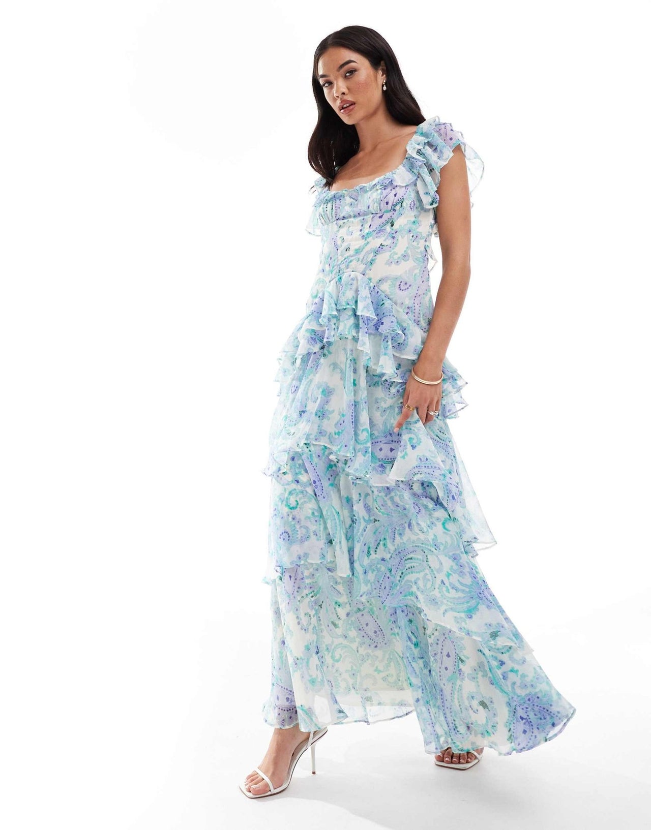 ASOS DESIGN ruffle dropped waist tiered maxi dress in blue floral print - ASOS Sample Sale