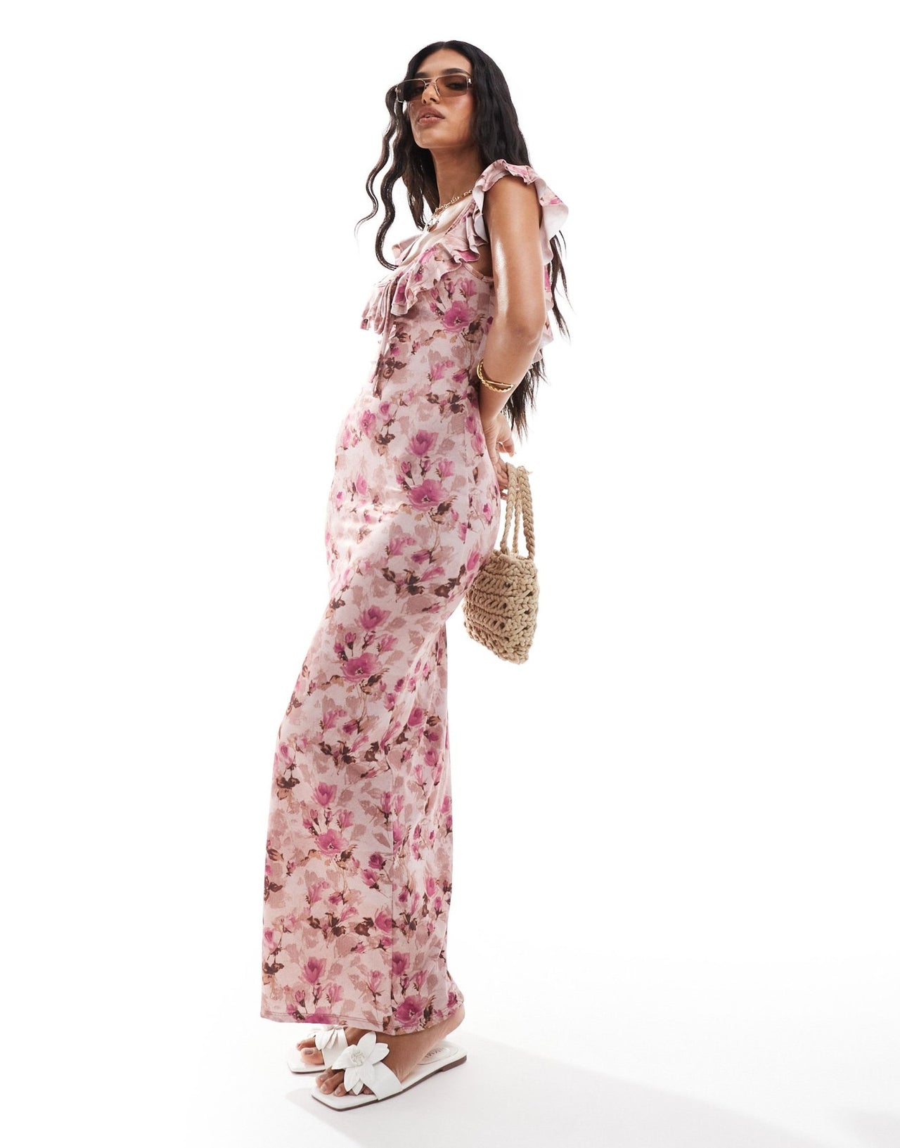 ASOS DESIGN ruffle midi tea dress with keyhole detail in ditsy floral print - ASOS Sample Sale