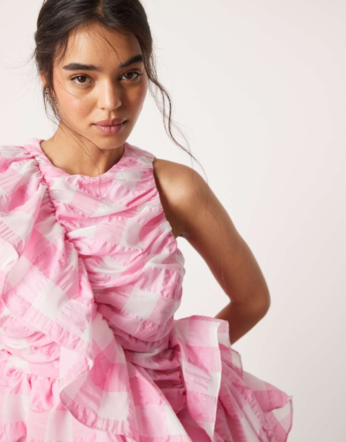 ASOS DESIGN ruffle mini dress with puffball skirt in oversized pink check - ASOS Sample Sale