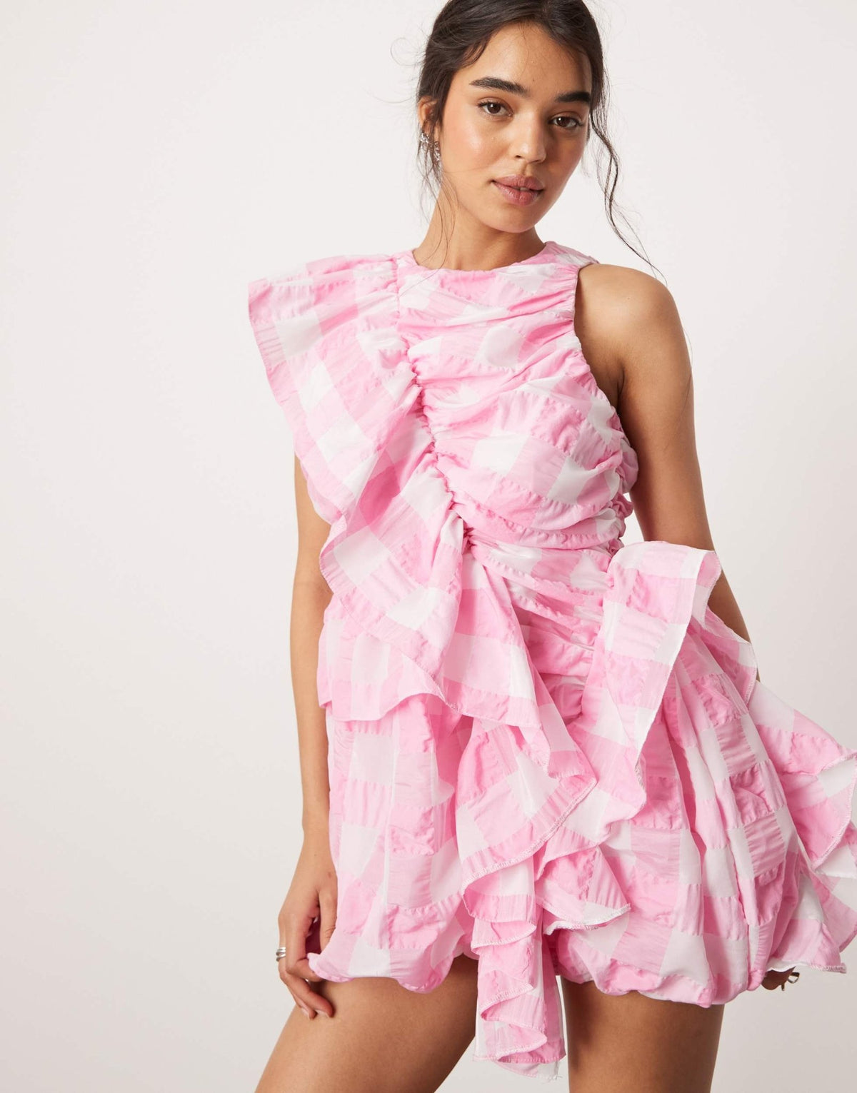 ASOS DESIGN ruffle mini dress with puffball skirt in oversized pink check - ASOS Sample Sale