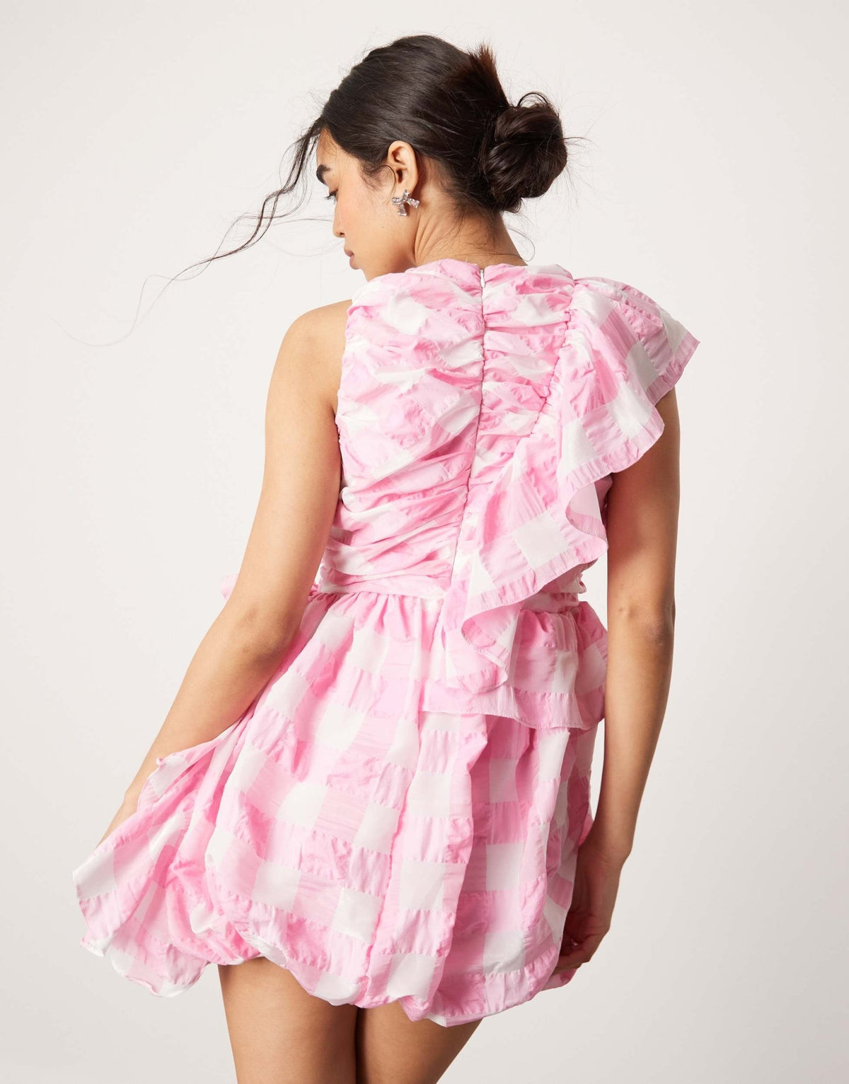 ASOS DESIGN ruffle mini dress with puffball skirt in oversized pink check - ASOS Sample Sale