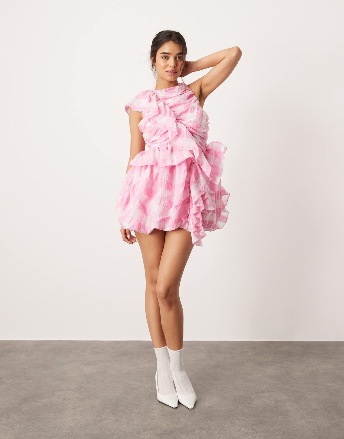 ASOS DESIGN ruffle mini dress with puffball skirt in oversized pink check - ASOS Sample Sale