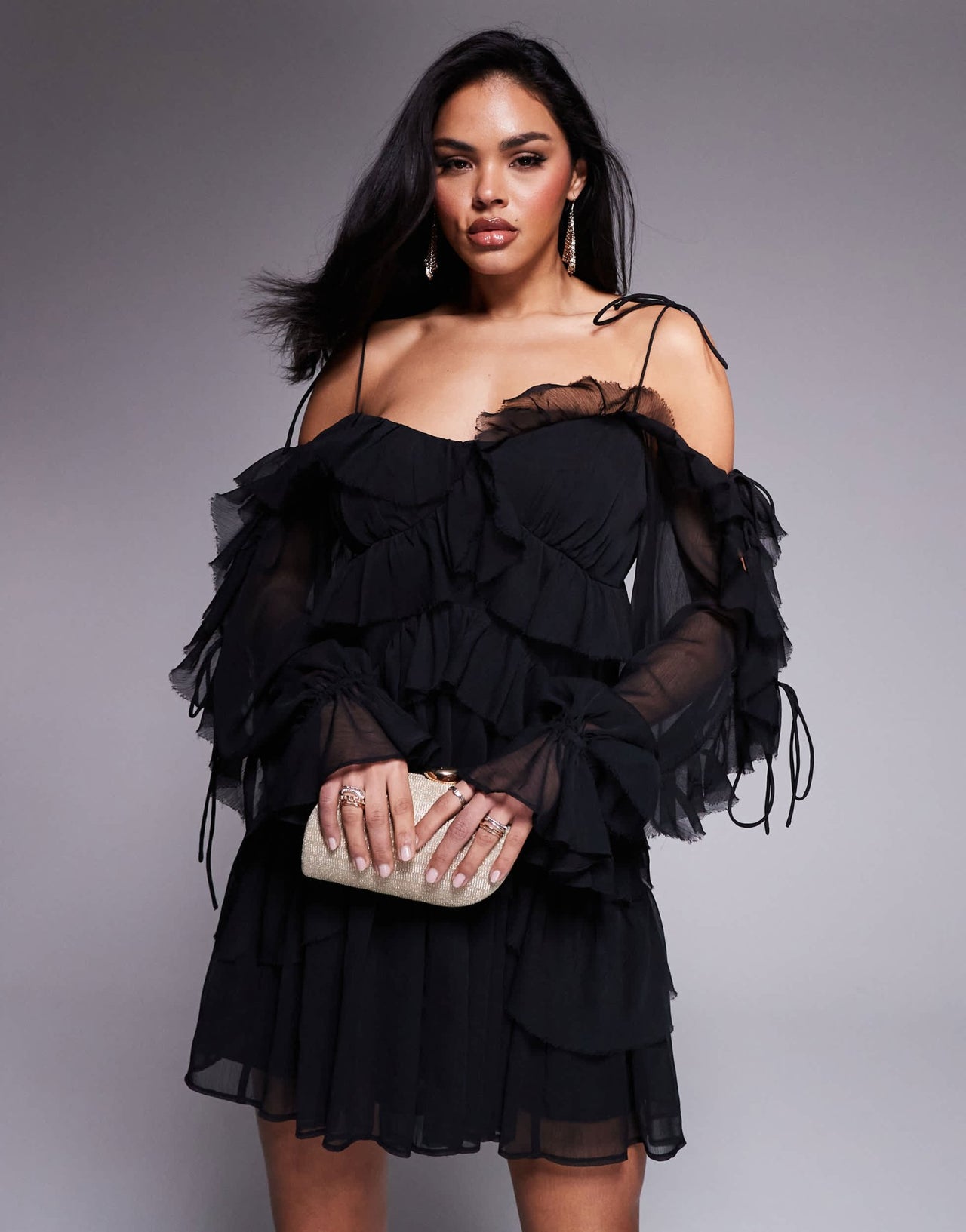 ASOS DESIGN ruffle off shoulder tiered mini dress in black - ASOS Sample Sale